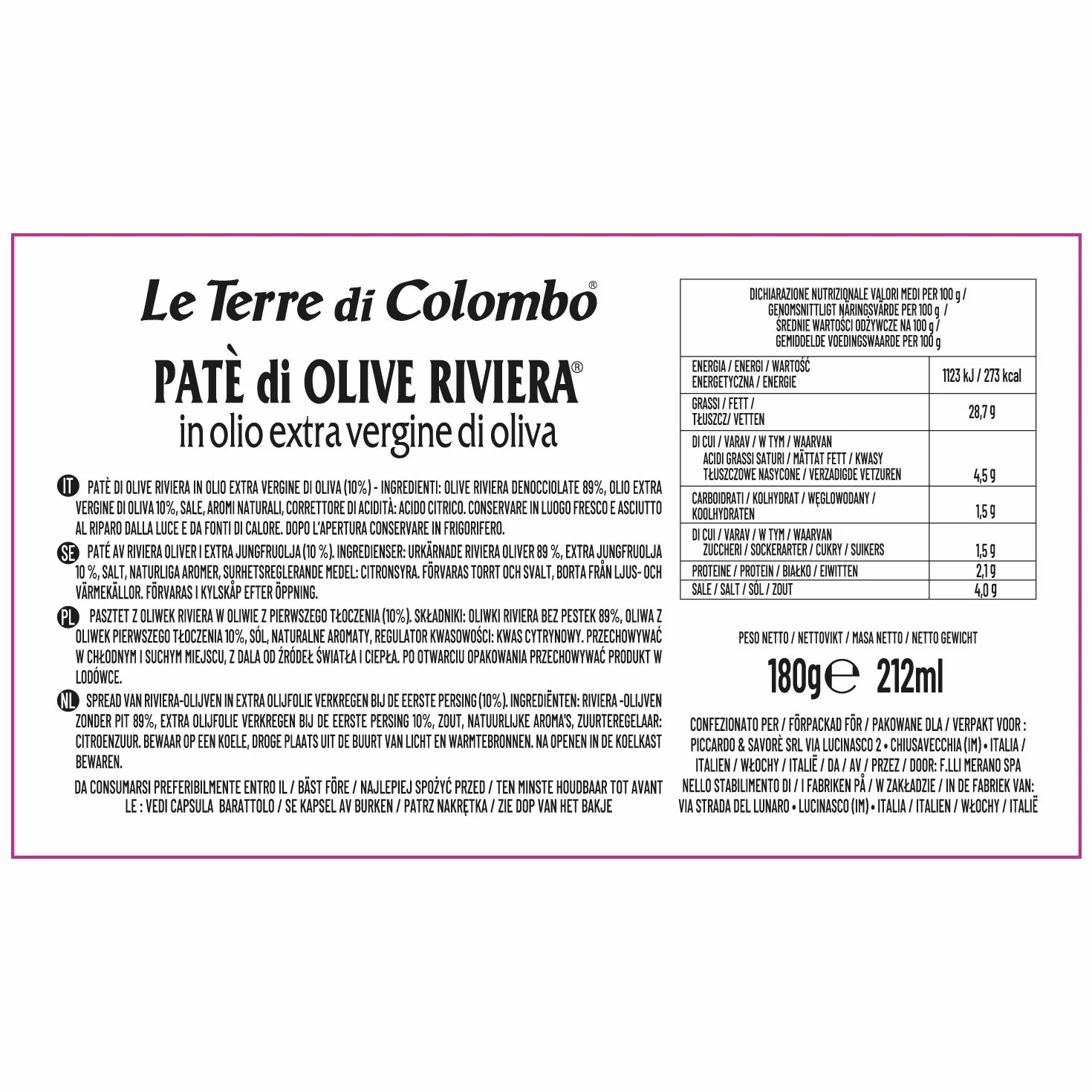 Le Terre di Colombo Pasta de Aceitunas, Riviera en Aceite de Oliva Virgen Extra 10 %, Tarros de 212 Ml Lote de 6