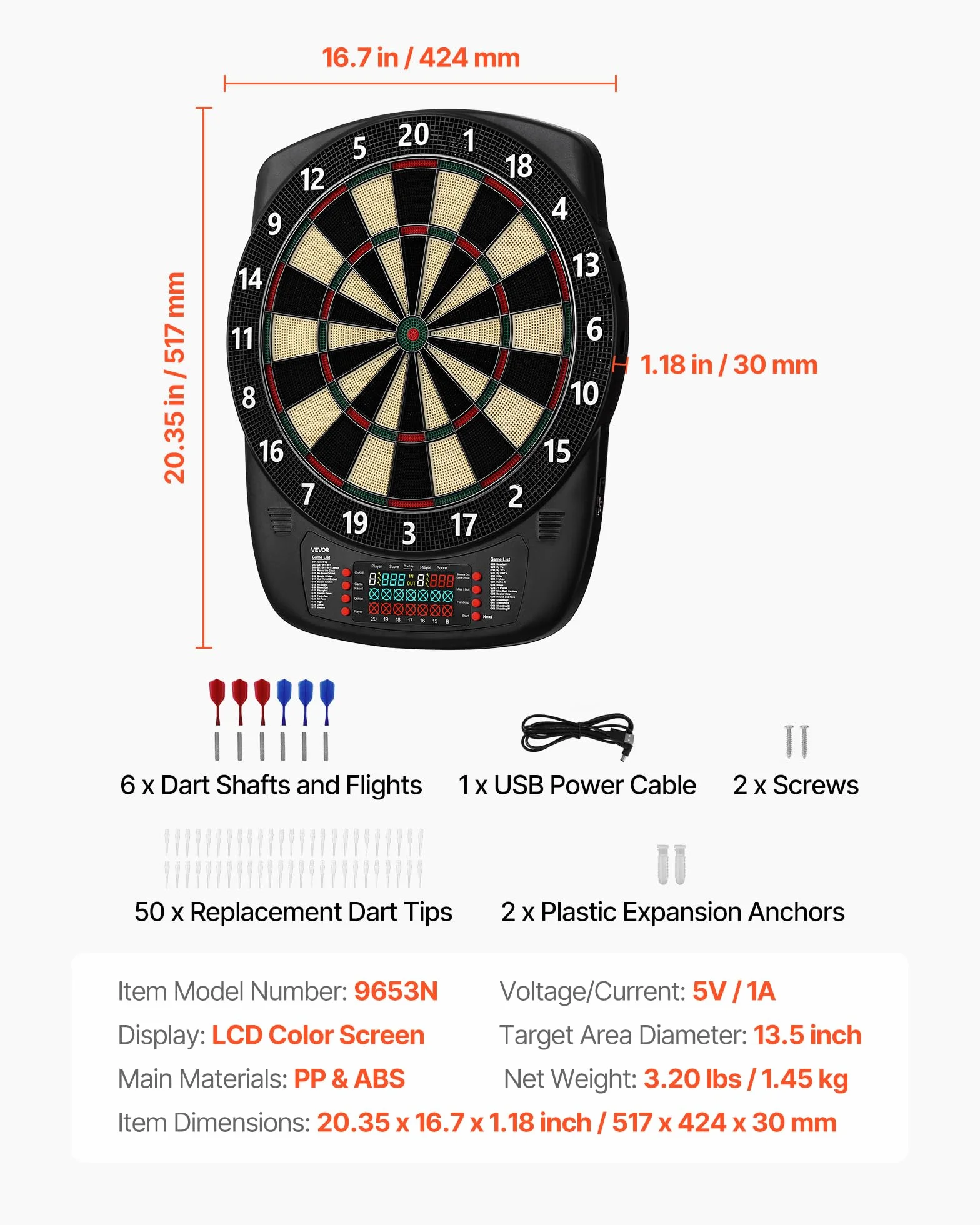VEVOR Diana Electrónica 43 Juegos 200 Variantes 8 Jugadores 6 Ejes Dardos Marcador LCD PP ABS 517 x 424 x 30 mm