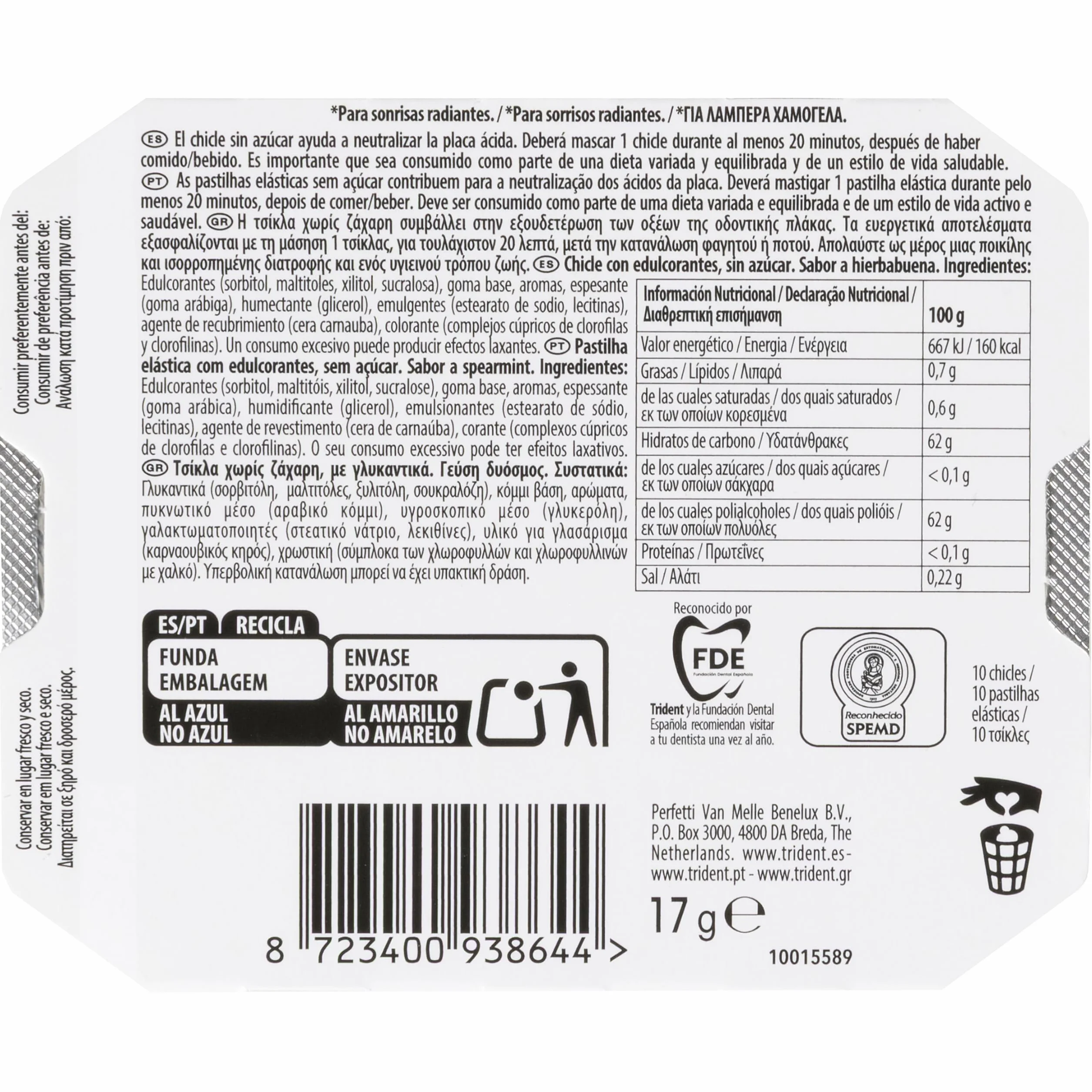 CHICLES TRIDENT ORALB HIERBABUENA 17GX12, Caja