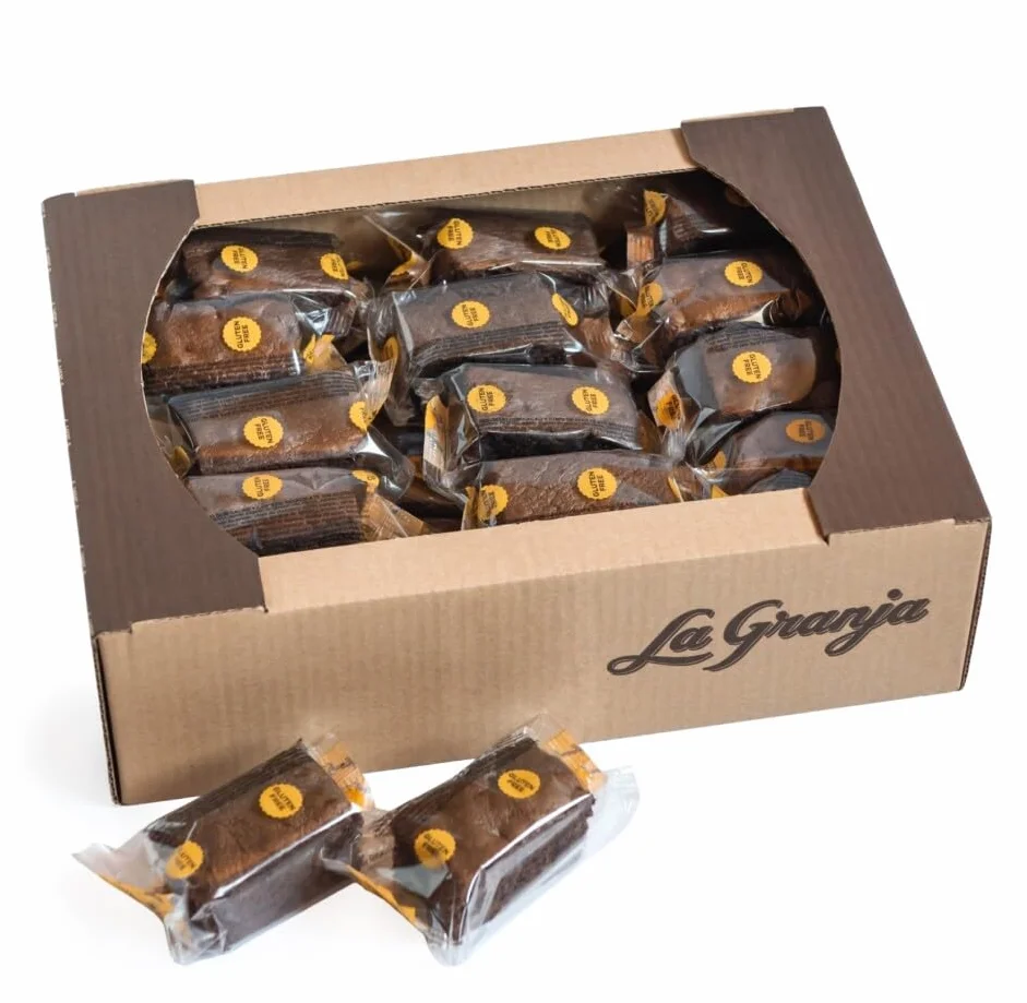 Bizcocho de Cacao con Chips de Chocolate - La Granja - Sin Gluten y Sin Lactosa. 30 Unidades. Envueltas de forma Individual.