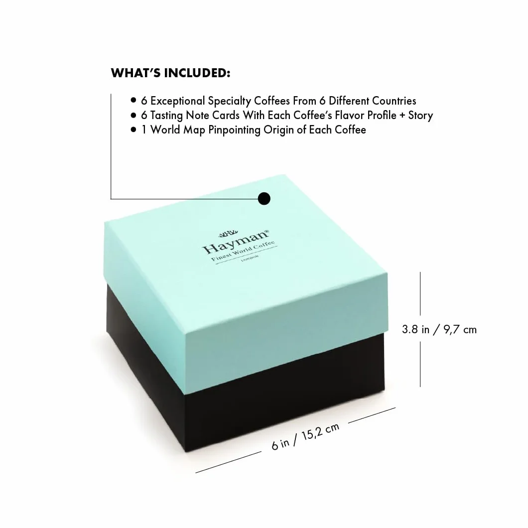 Hayman, Caja de Degustación de Cafés Especiales, Paquete de 6 Selecciones de Cafés Gourmet, Muestra de Variedad Premium, Surtido Regalo, En Grano, Tostado Medio, 6 bolsas con 60 Gramos (360g Total)