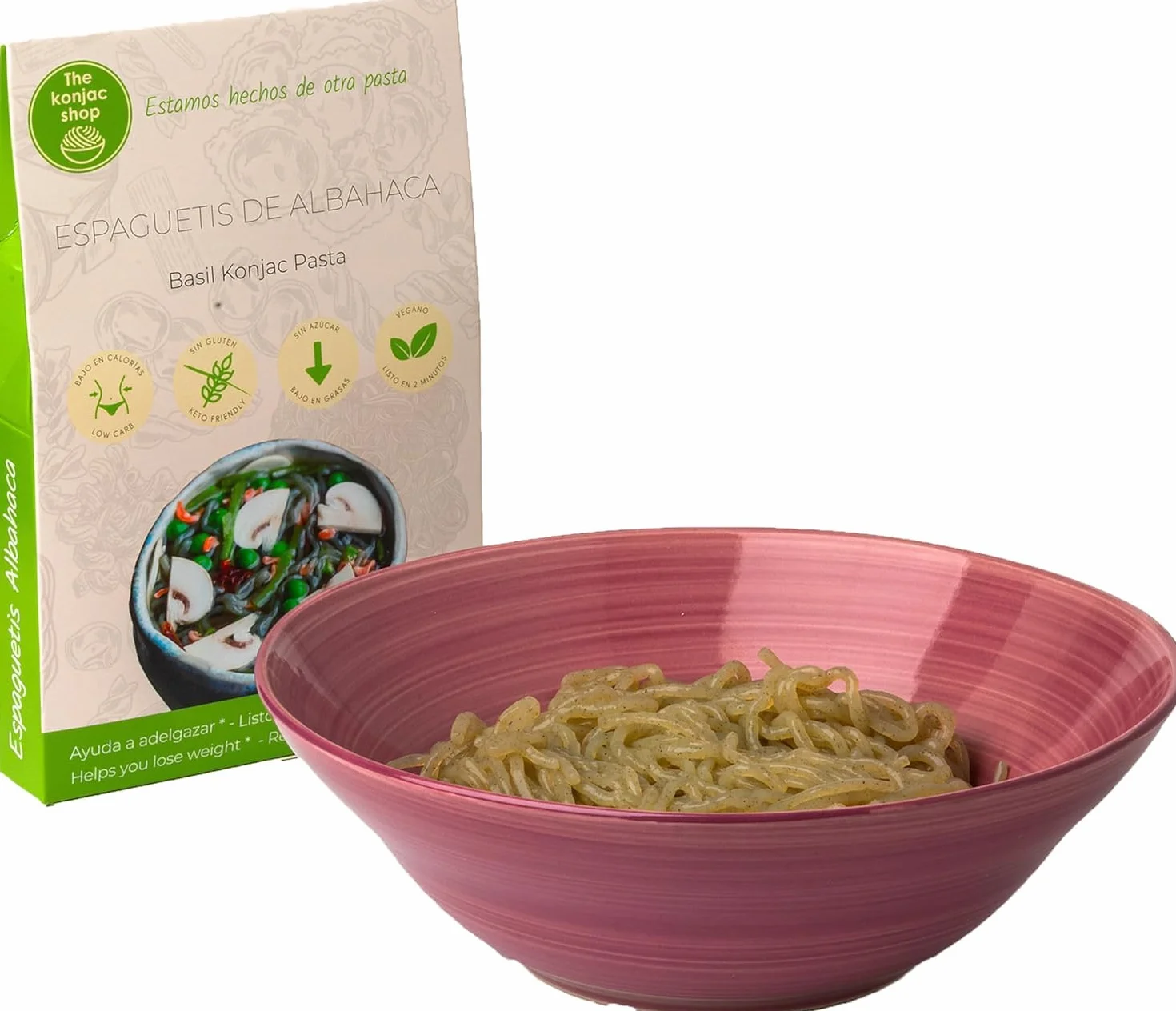 The Konjac Shop - Espaguetis Konjac de Albahaca 270g Sin Gluten Bajo en Calorías y Carbohidratos Ideal para Dietas Keto y Veganas (Pack de 5)