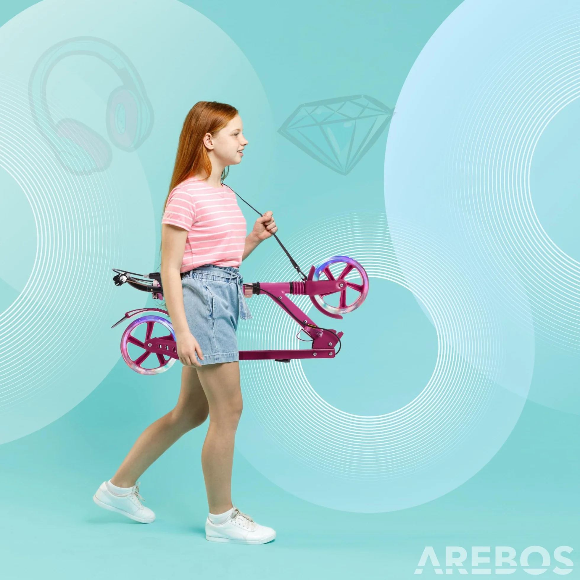 Arebos City Scooter Plegable Regulable en Altura con Ruedas LED y Freno de Mano