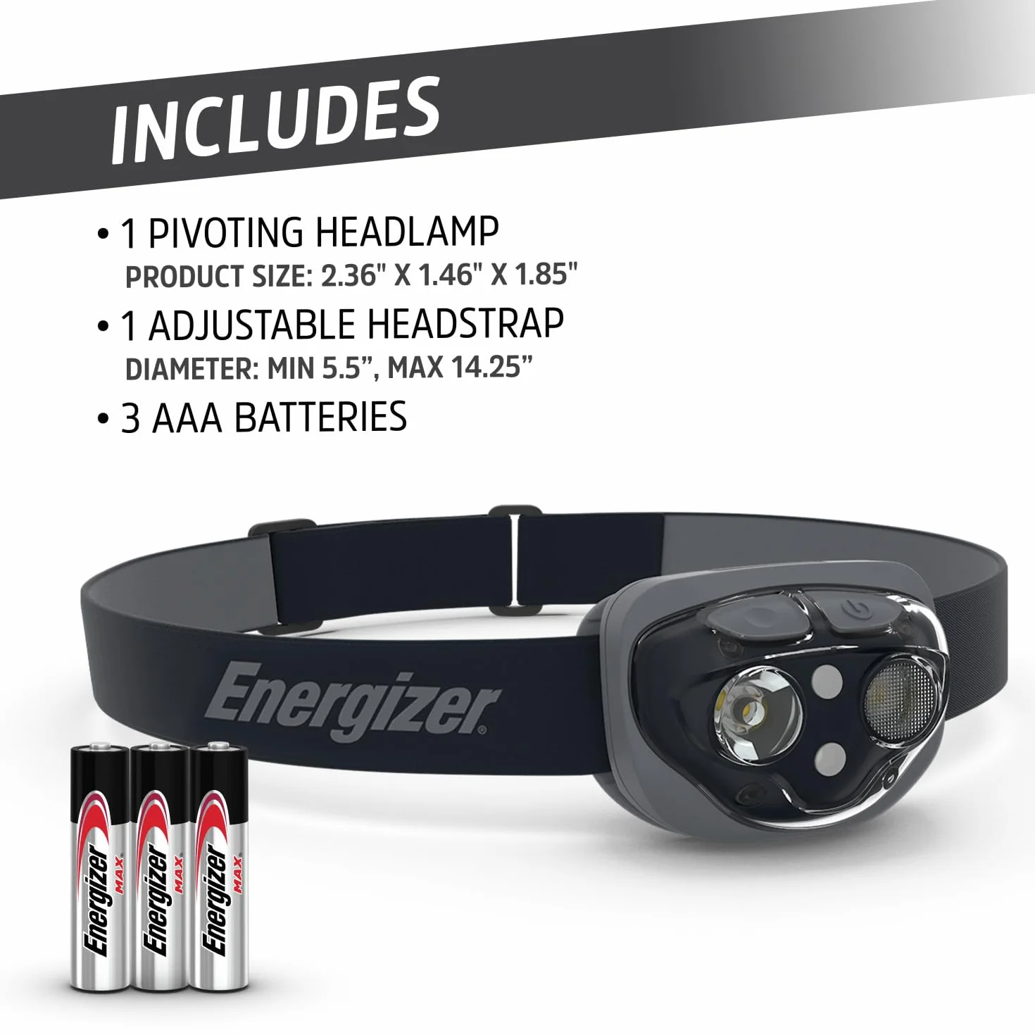 Energizer Vision HD+ Linterna Frontal LED 360 Lumen IPX4 Negro Medianoche, Ajustable, Pilas Incluidas