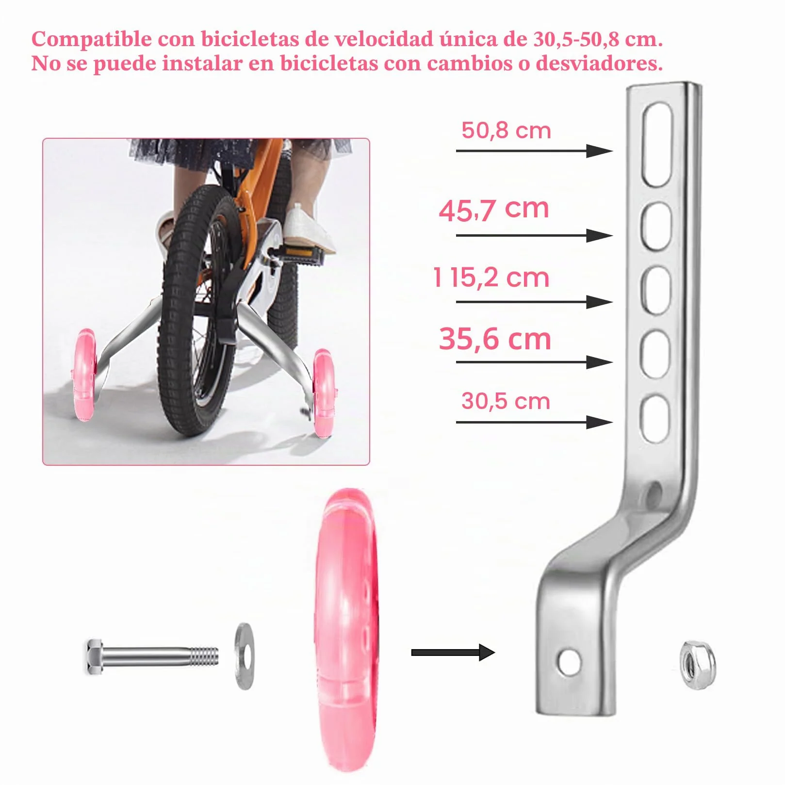 Ruedines de apoyo universales para bicicleta infantil 12-20 pulgadas rosa