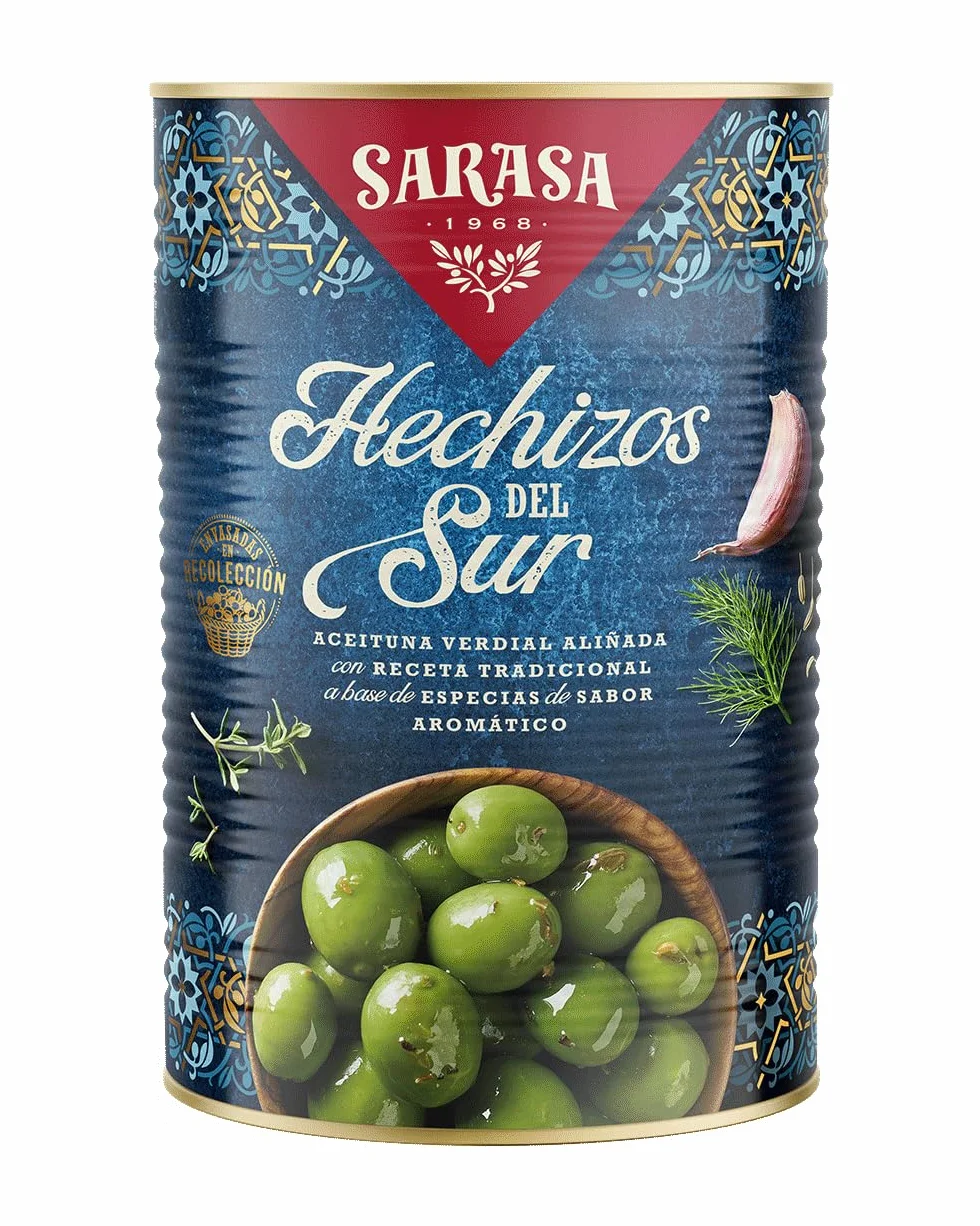 Sarasa HECHIZOS DEL SUR Aceitunas Aliñadas Recetas Tradicionales 4200g Peso Neto 2500g Peso Escurrido 3 Latas