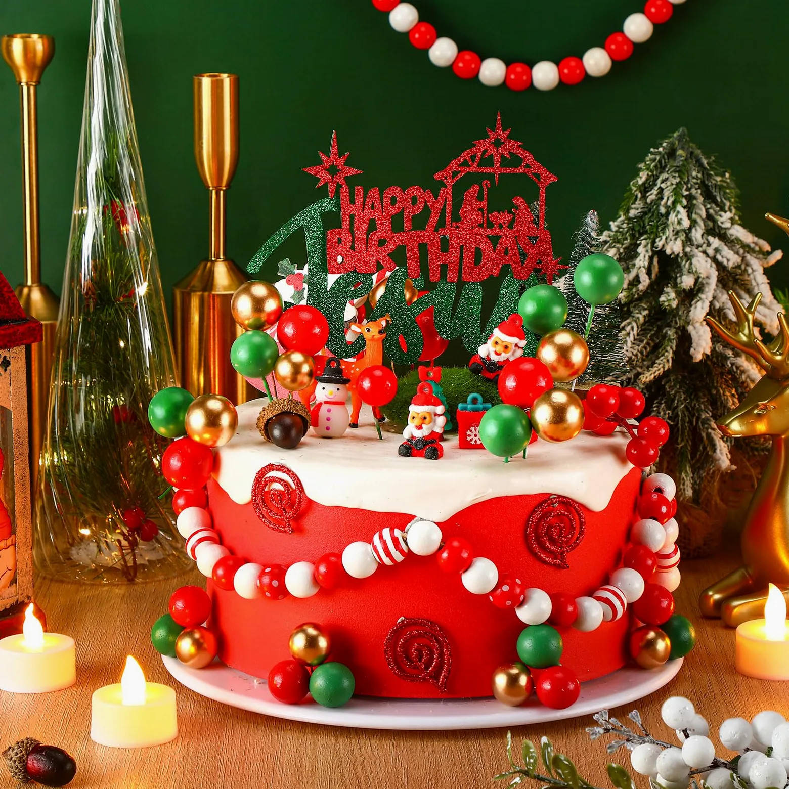 Cinnvoice 31 piezas de decoración para tartas de Navidad con purpurina de Jesús, decoración de pastel de bola, verde, rojo, dorado, belén, decoración para Navidad, vacaciones, boda, aniversario,