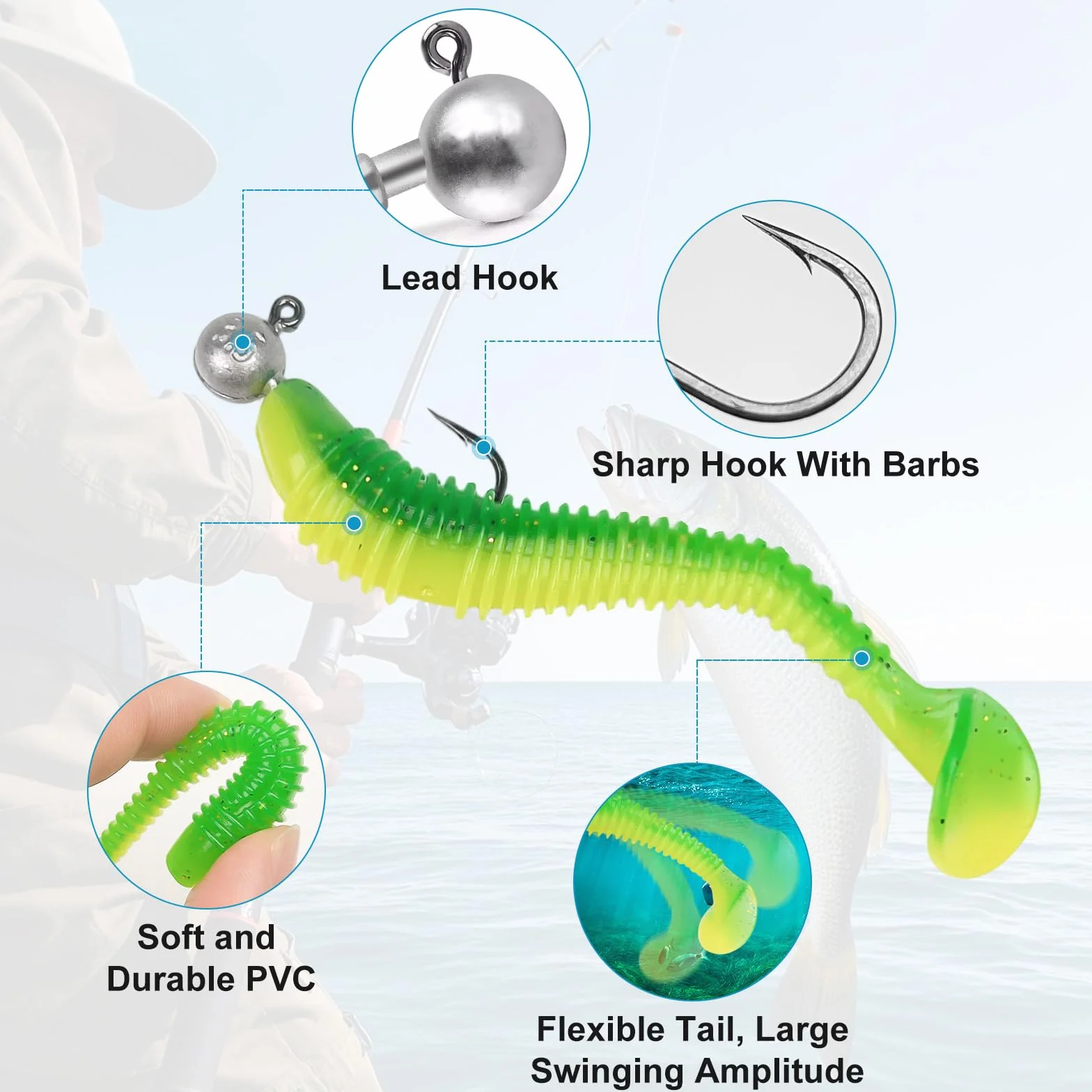 Señuelos de pesca blandos 45 piezas con cabezas triangulares 10 piezas 5,5 cm 6,5 cm 7,5 cm cebo flotante goma con cabeza caja plástico 5 colores