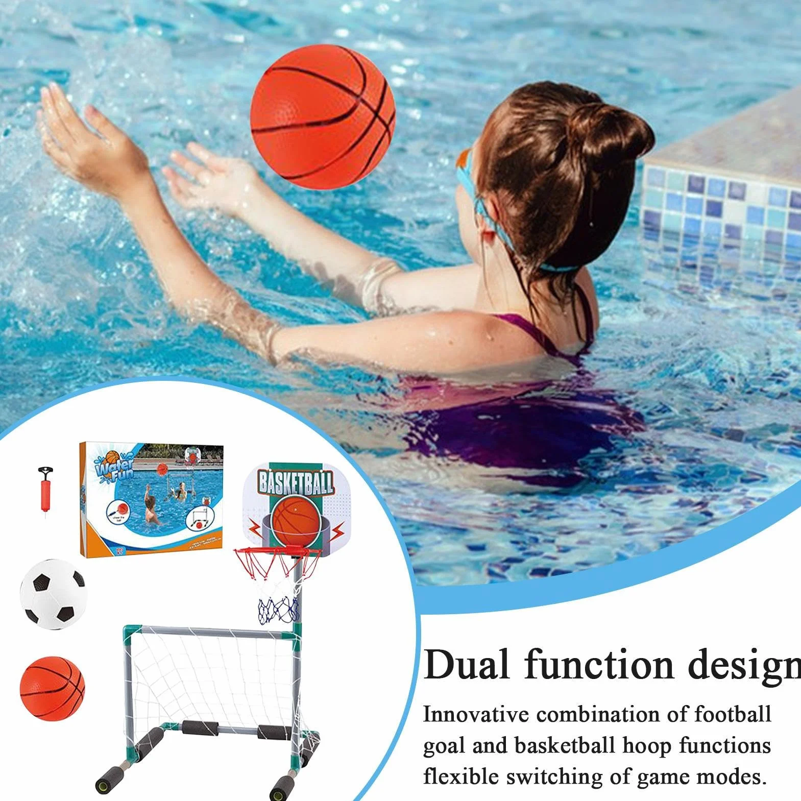 Portería de Fútbol Flotante para Piscina 45x55x70cm EVA+ABS Marco Red Aros Kit Bomba Pelota