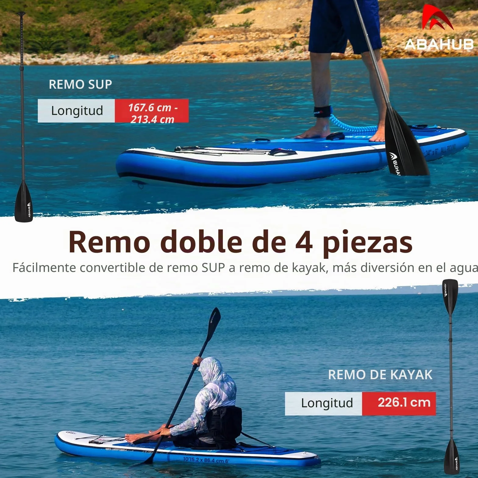 Abahub Kayak Paddle Sup Pala Ajustable Carbono Eje Hoja de plástico