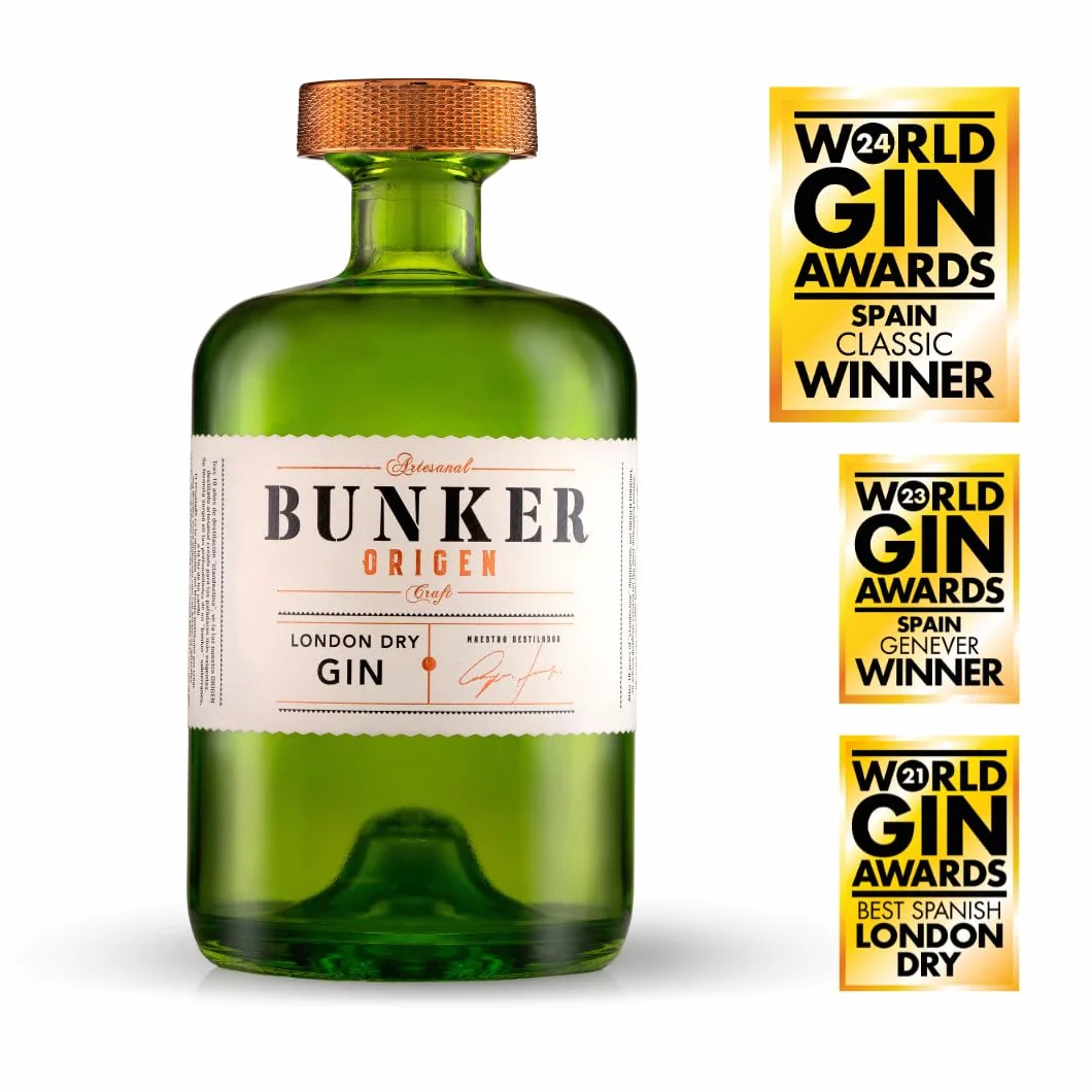 Bunker Distillery - Ginebra Premium Artesanal Bunker Origen - Botella 70 cl - London Dry Gin - Edición limitada - Premio Mejor Ginebra de España 2024,2023 y 2021 - Sin gluten - 100% natural