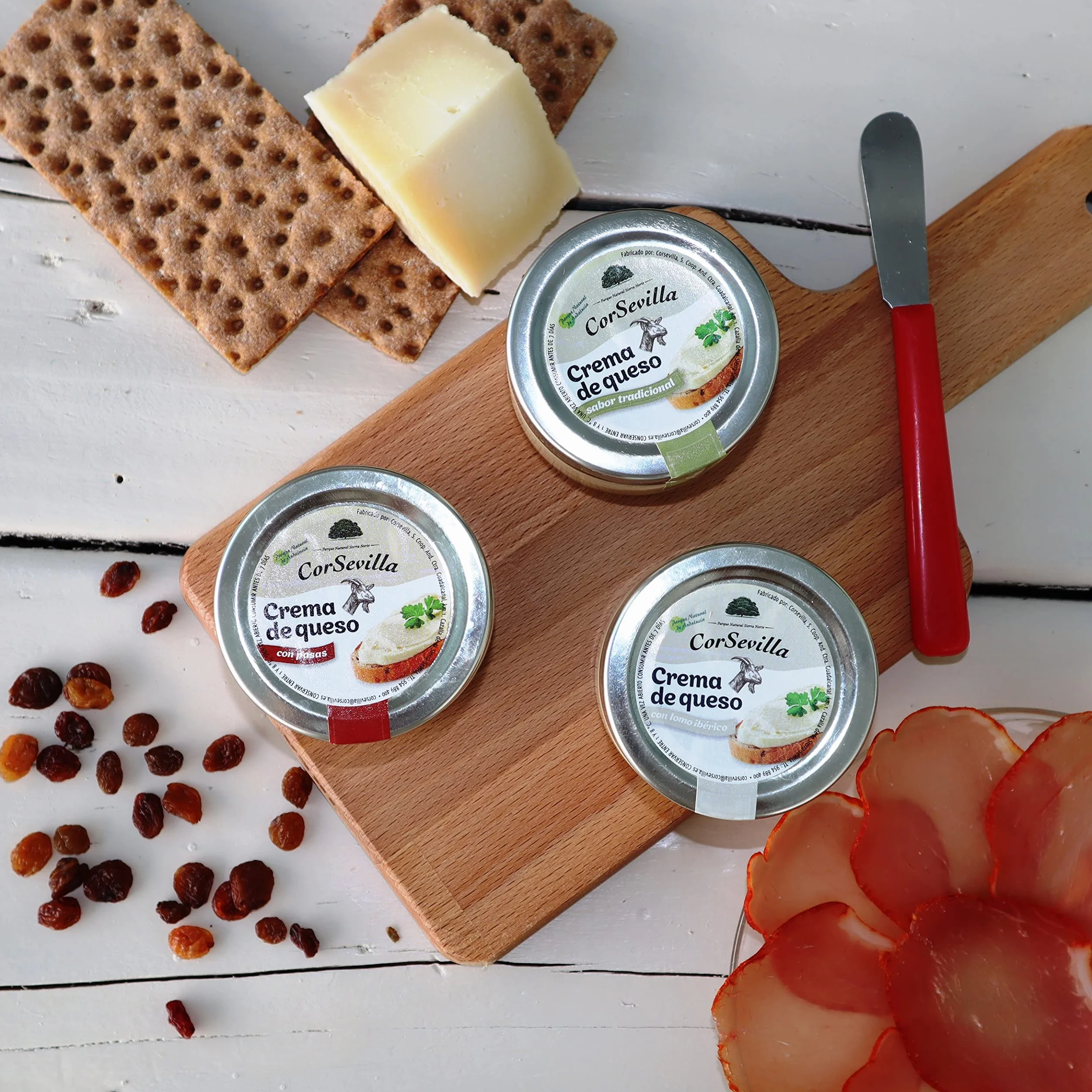 Corsevilla - Crema Queso Cabra Curado - Queso Untar - Lote Gourmet - Tradicional - Pasas - Lomo Iberico - Pack 3 unidades - 100 g unidad aprox - 300 g Pack aprox.