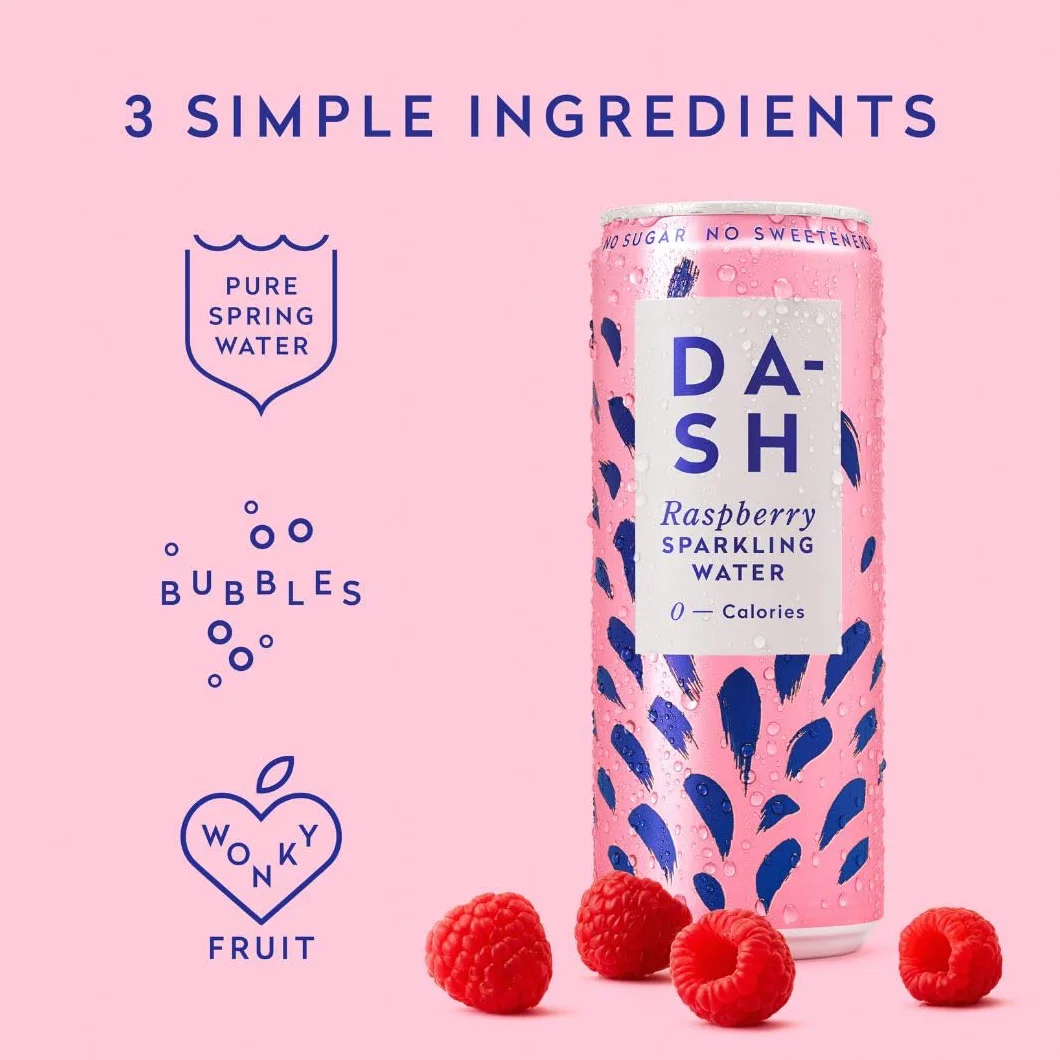 Agua DASH Frambuesa- 12 x Agua mineral natural con gas sabor Frambuesa- Sin azúcar, sin edulcorantes, sin calorías - (12 latas x 330ml)