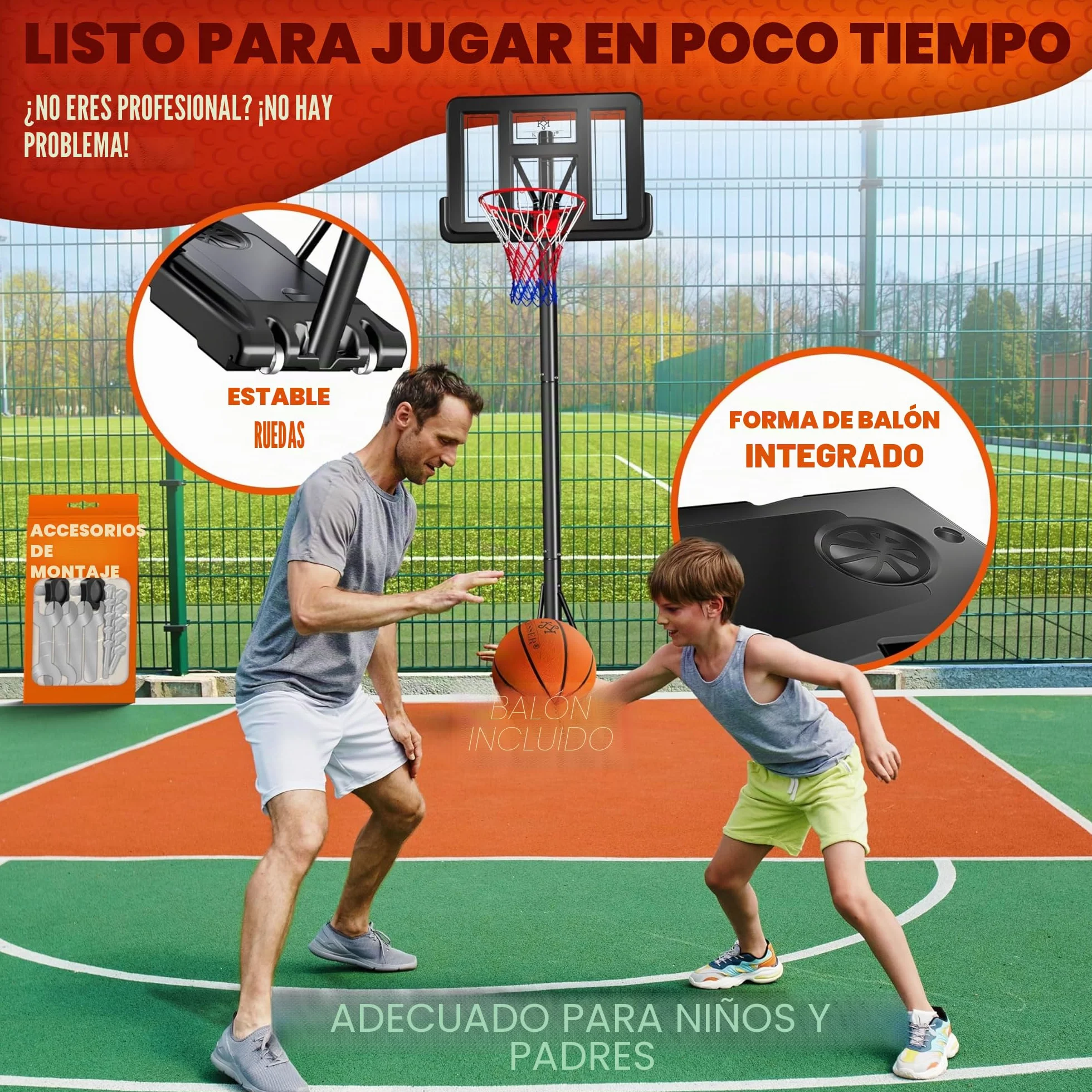 KESSER Canasta de Baloncesto Premium 230-305 cm Altura Regulable Base Ruedas Balón Inflador