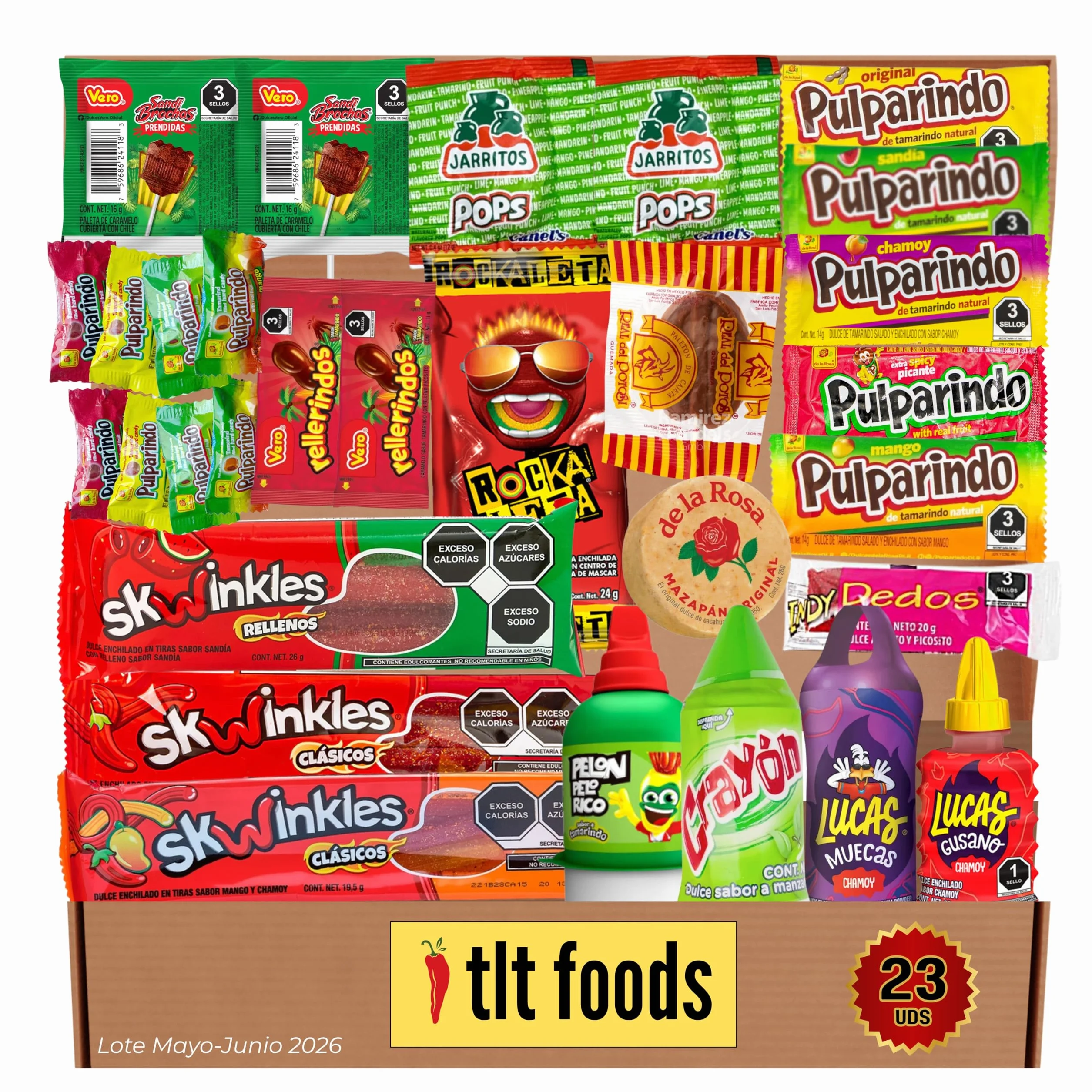 TLT FOODS Lote Dulces Mexicanos – Pack Variedad Chuches Mexicanas Picantes, Candy Box Snacks Mexico, Chamoy, Pelon Pelo Rico, Pulparindo, Tamarindo