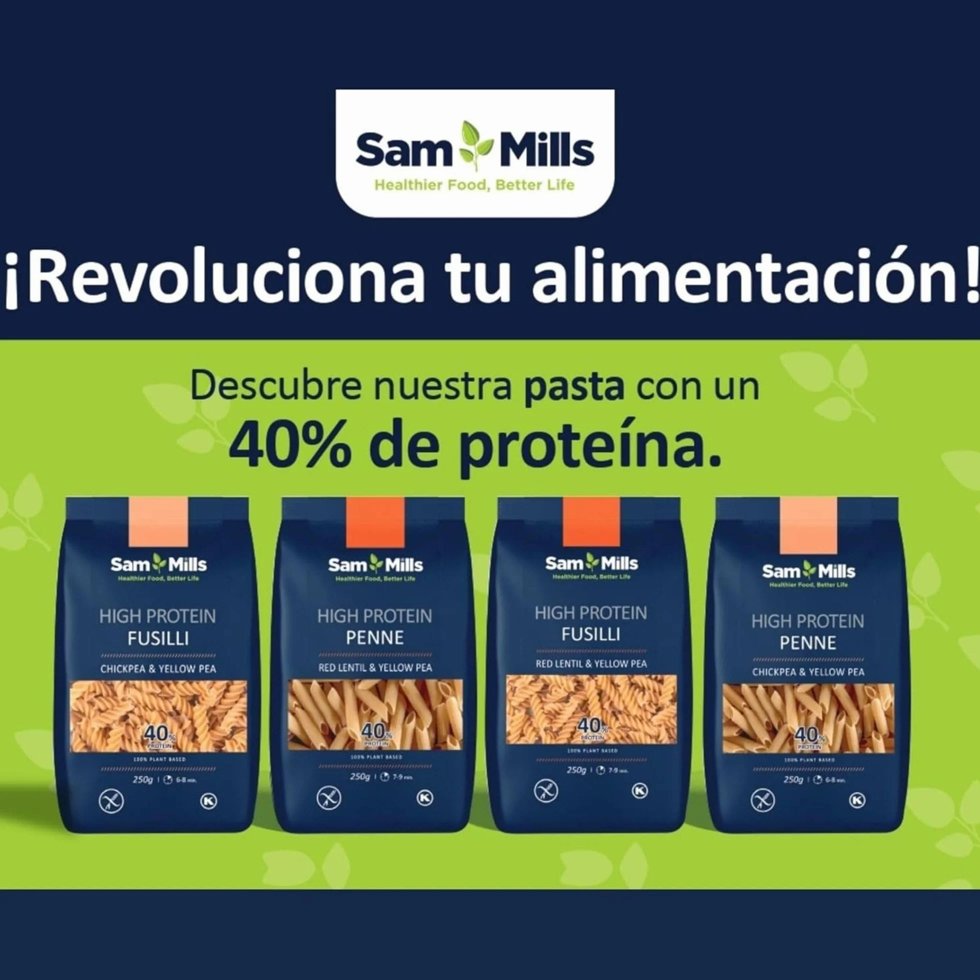 Sam Mills - Fussilli de Lenteja Roja y Guisante Amarillo - 250 g - Sin Gluten - Ideal para Dietas Veganas - Pasta de Legumbres - Alto Contenido en Fibra y Proteína
