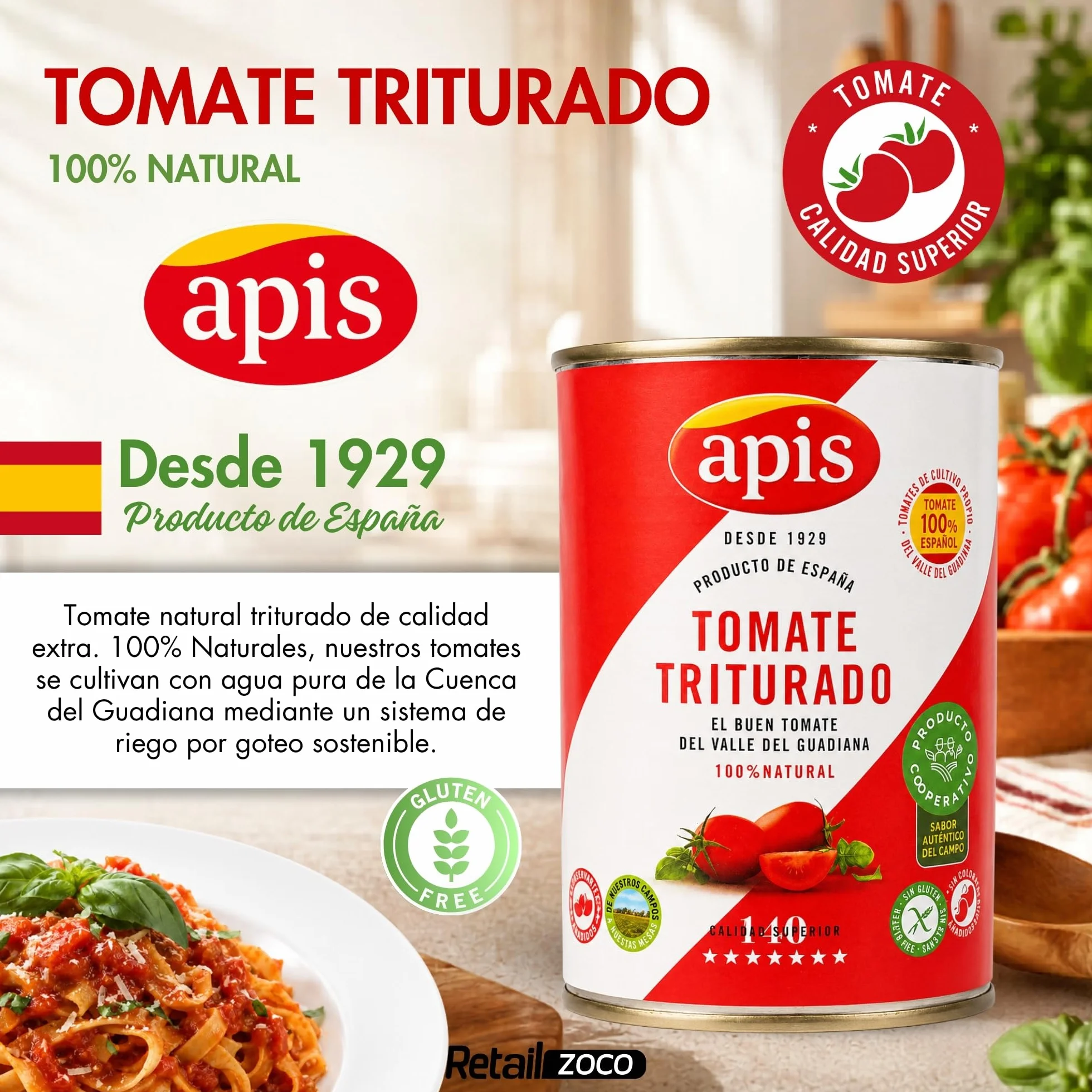 Tomate Triturado Apis, Tomate Natural en lata, Tomate 99.4%, sal y corrector de acidez, Sin Gluten, Producto Español, exquisito sabor, aroma y consistencia, Contiene 12 Latas de 400 gr