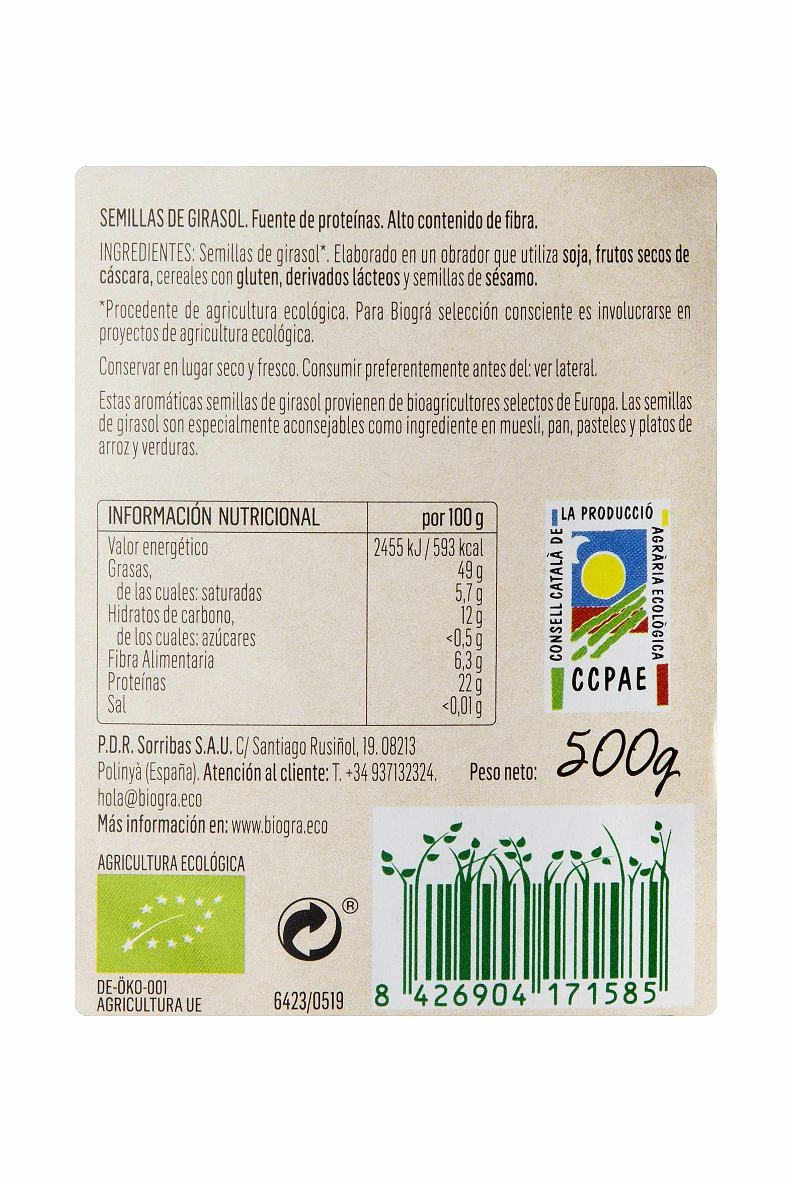BIOGRÁ - Pipas Peladas de Girasol, Apto para Veganos, Perfecto para su Uso con Muesli, Ensaladas, pan, Pasteles, Platos de Arroz o Verduras, de Agricultura Ecológica 500g