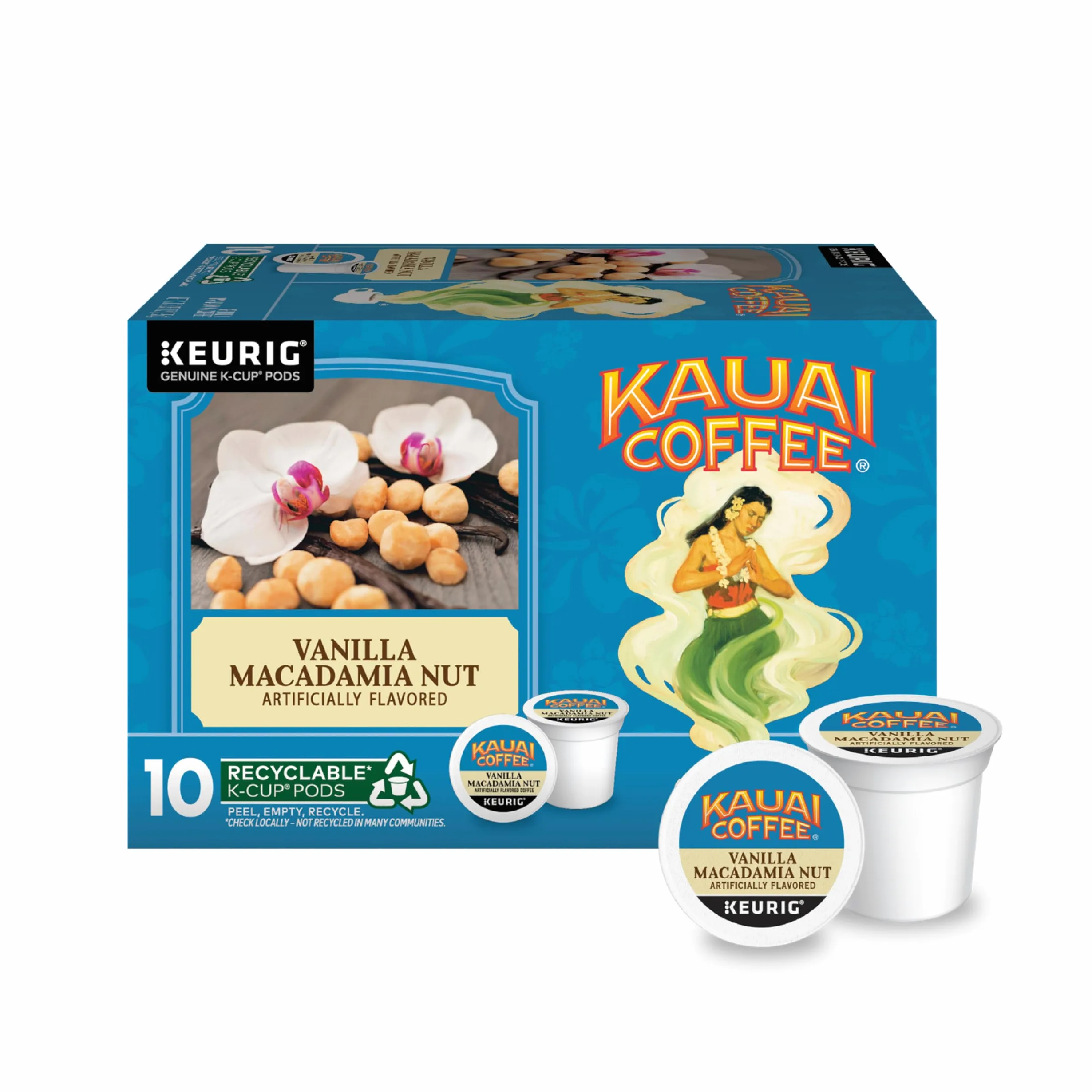 Kauai Coffee K-Cup Pods - Vainilla Macadamia Nut, 10 cápsulas K-Cup | Tostado medio, café arábica, 10 % hawaiano, para cafeteras Keurig, porción única, granos de vainilla con nueces de macadamia