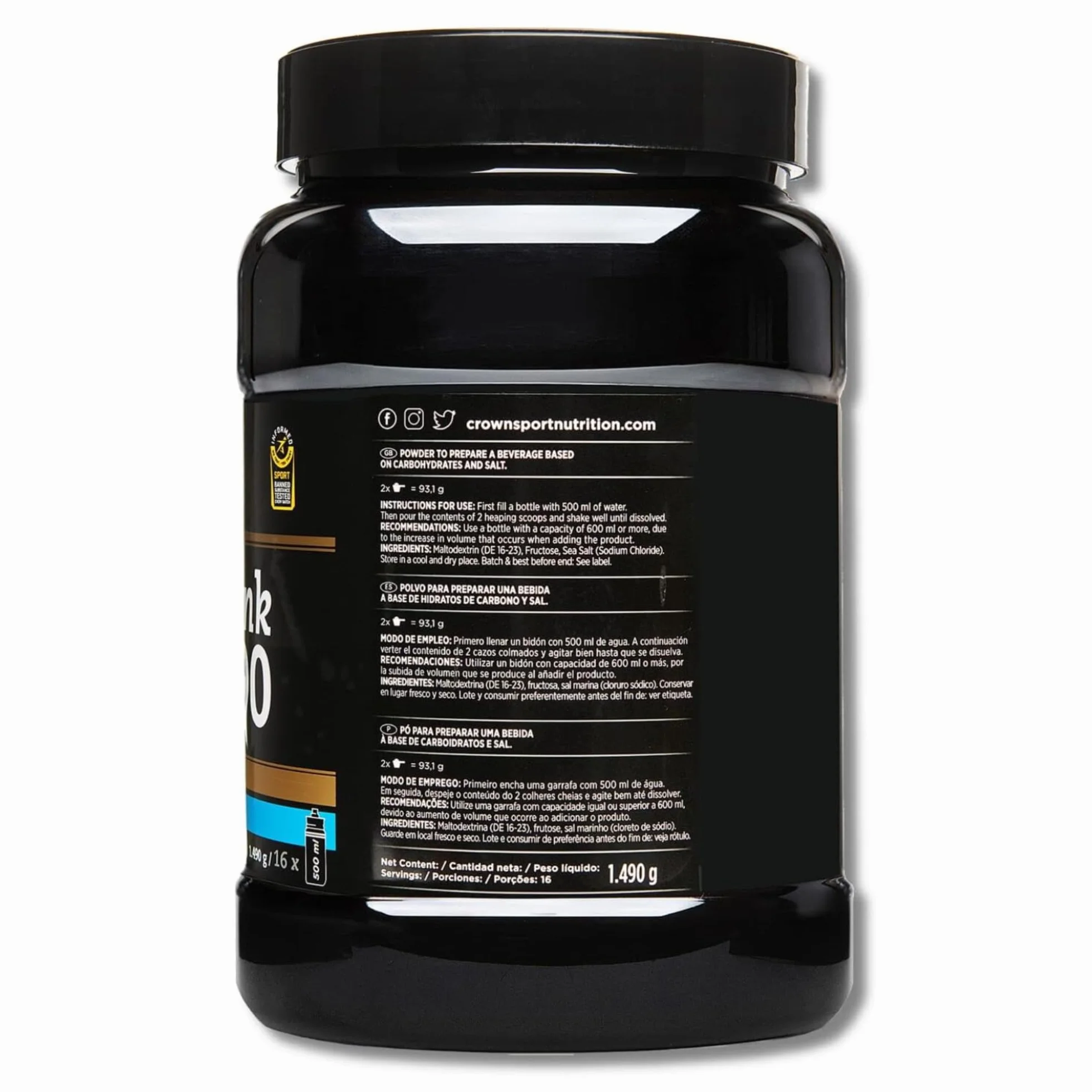 Crown Sport Nutrition HyperDrink 90 | Bebida Alta Carbohidratos 90 g en 500 ml y Sodio | Polvo Bote 1490 g 16 Tomas | Maltodextrina Fructosa Ratio 1:0,8 y Sal Marina | Sin Aditivos Sin Sabor