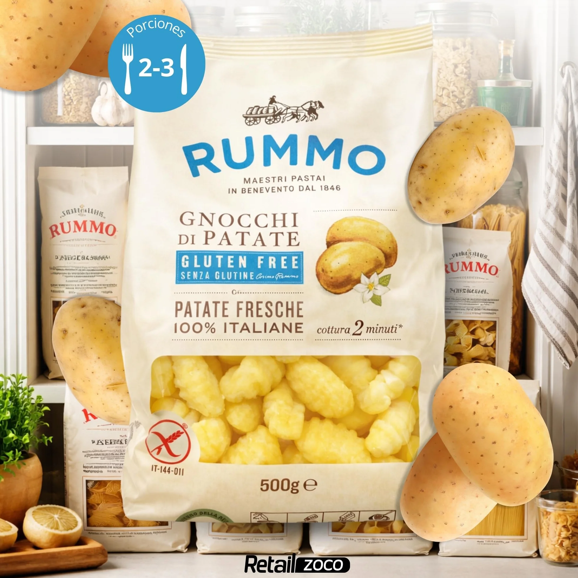 Gnocchi Rummo SIN Gluten de Patatas 65%, ñoquis sin gluten de patatas 100% Italiana, Pasta Italiana, Tiempo de cocción 2 minutos, 1 Paquete de 500 gr