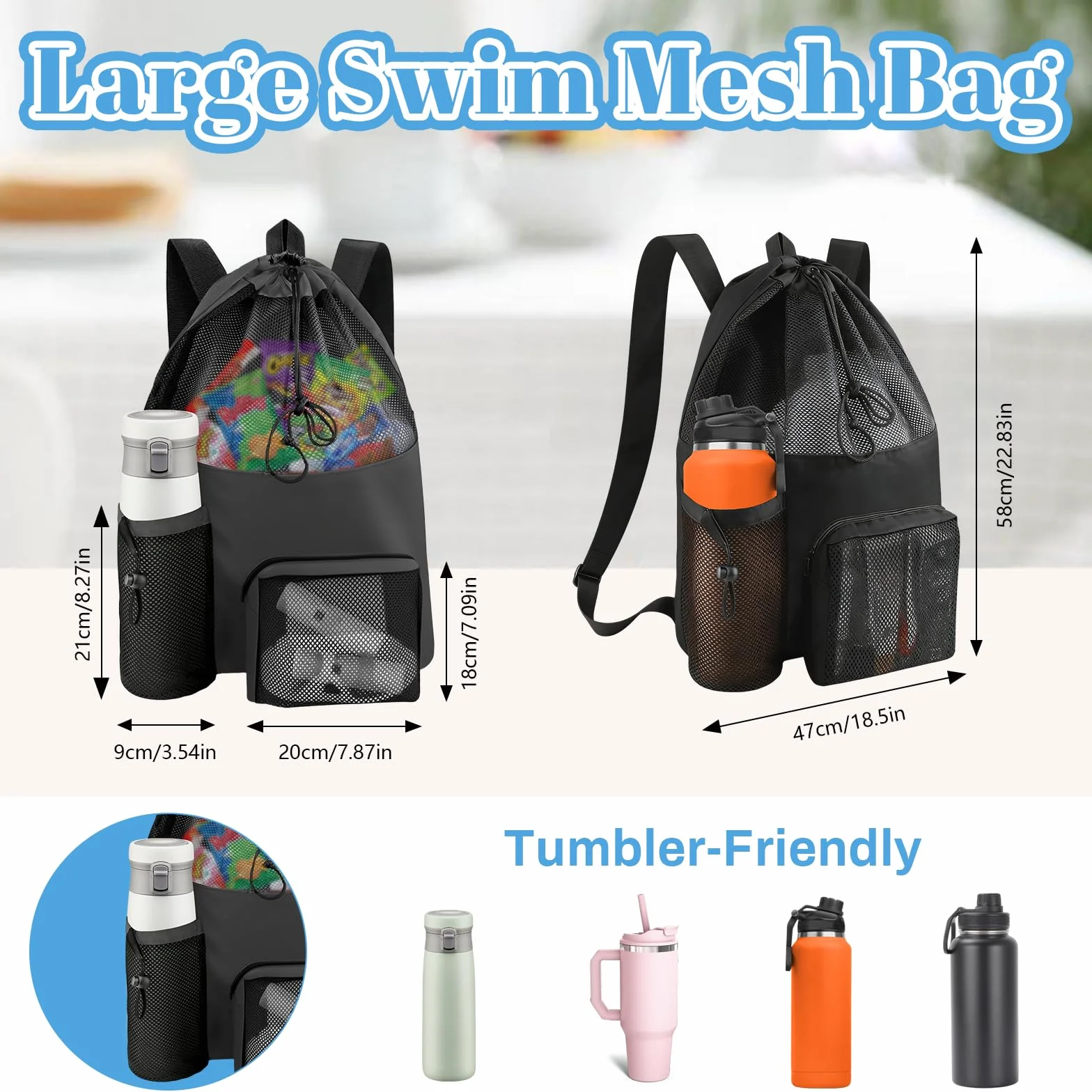Mochila de malla para natación con cordón, Bolsa de playa ajustable para hombres y mujeres