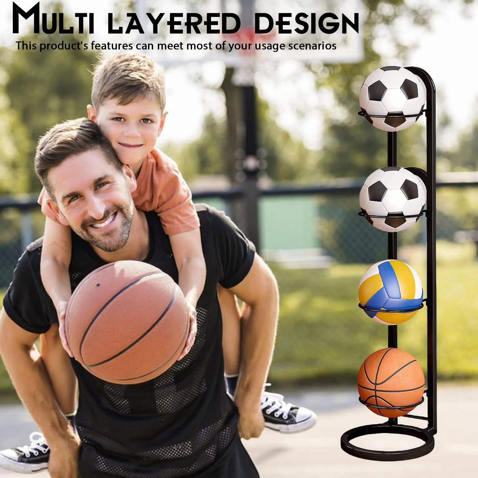 Estantería de 4 niveles para balones, soporte metálico para baloncesto, fútbol y voleibol