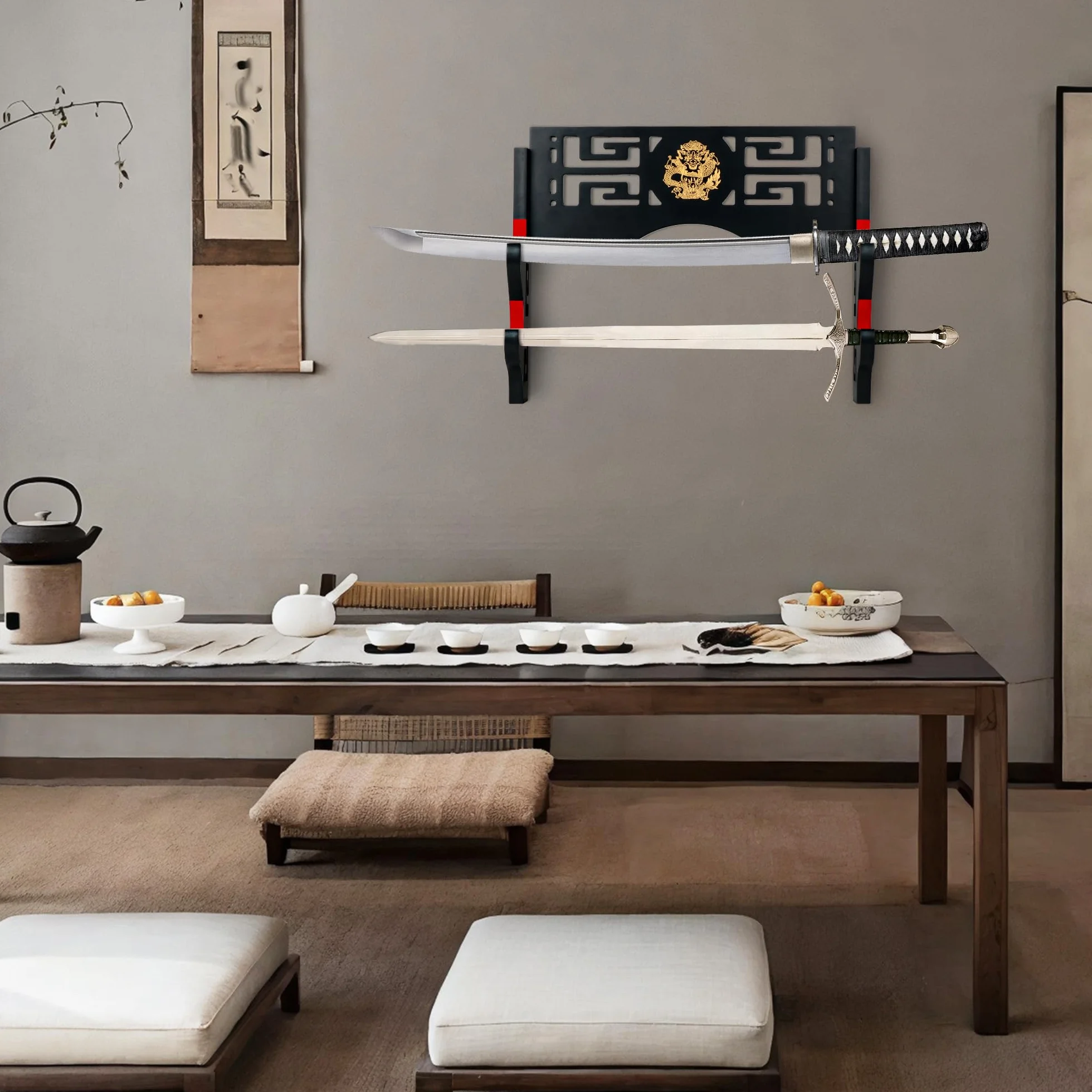 Alyoen Soporte de pared Katana 2 niveles gancho acolchado terciopelo patrón dragón soporte espada samurái sable láser Wakizashi