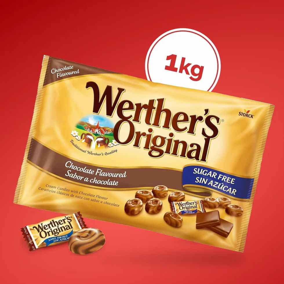 Werther's Original Caramelos Toffee de Mantequilla y Nata con Sabor a Chocolate Sin Azúcar - Bolsa de 1 kg - Sin Gluten y Aptos para Vegetarianos y Diabéticos - Para Compartir y Regalar