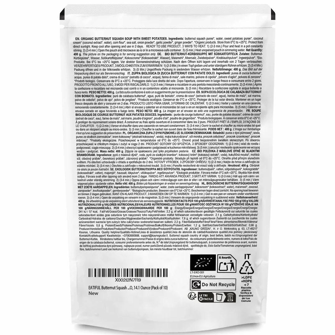 EATIFUL Sopa de Calabaza Moscada, Deliciosa Sopa de Calabaza Moscada Lista Para Comer con Boniatos, Elaborada con Verduras Ecológicas, de Origen Vegetal, sin Gluten y OMG, 400g (Paquete De 10)