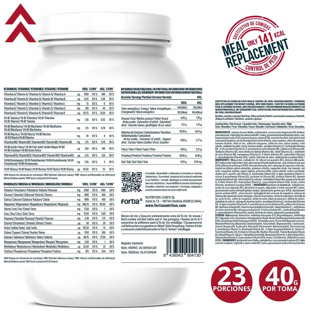 FORTIA Batidos Sustitutivos De Comida Alto En Proteínas Solo 140 Kcal | Batido Sustitutivo Adelgazar Alto En Vitaminas | Batido Saciante | Batido Sin Gluten 920 g Chocolate (920 g, chocolate)