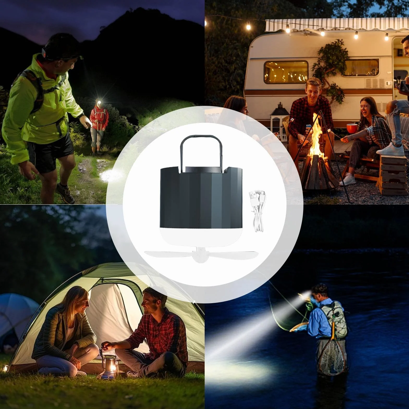 Ventilador de linterna para acampar al aire libre con ventilador de refrigeración personal