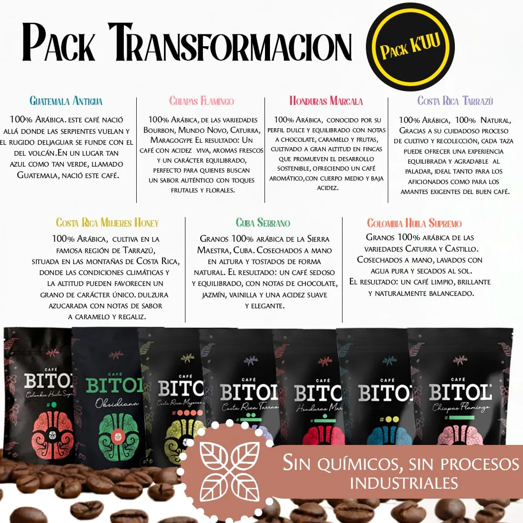 Pack Transformación | Pack K'UU | 7 Cafés de Especialidad 125 g c/u | Costa Rica, Guatemala, Honduras, Cuba y Colombia | 100% Arábica, Origen Controlado | Aromas Envolvente | Pureza y Equilibrio