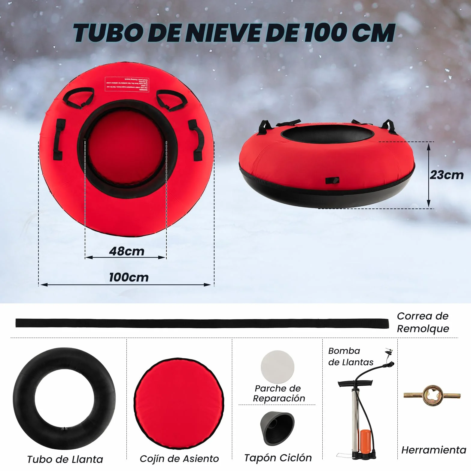 COSTWAY Trineo de Nieve Inflable φ100 cm, Tubo de Nieve para Niños y Adultos con Fondo Duro