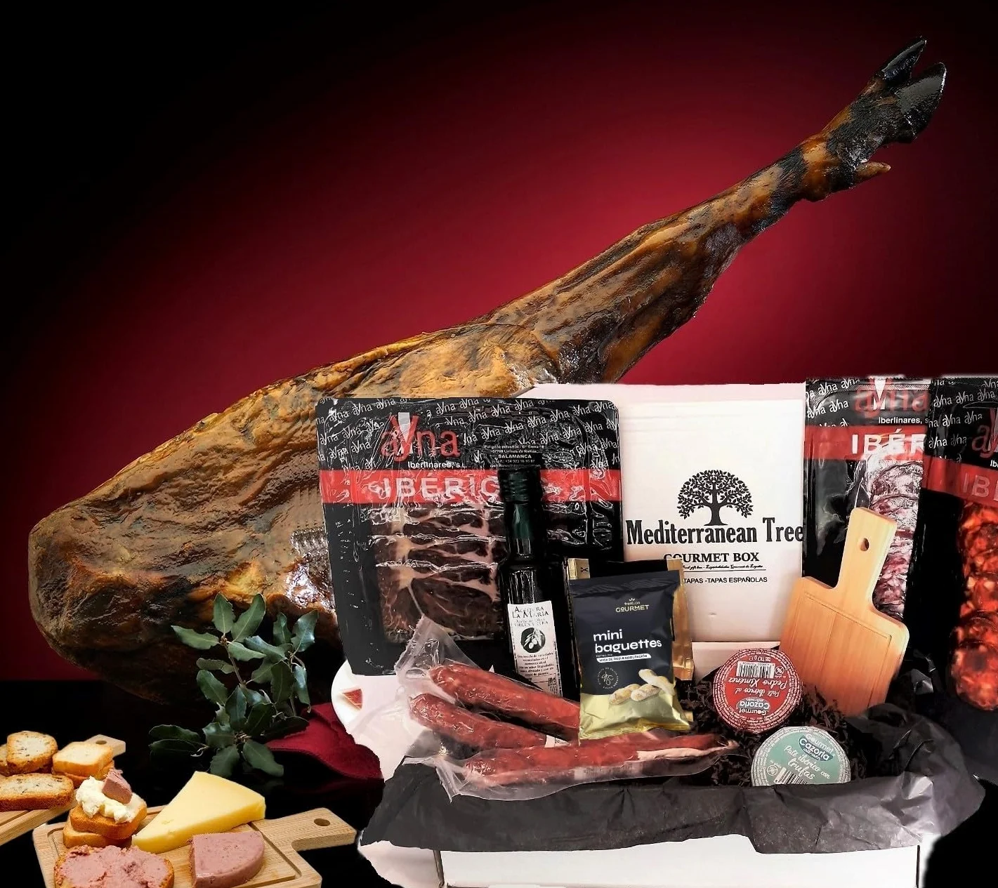 Caja Cesta Gourmet Regalo - Lote embutidos Ibericos salchichón chorizo y jamon + Pate Iberico de Trufa y Pedro Ximenez + 3 piezas Fuets +Aceite Oliva Virgen Extra + Picos Artesanos