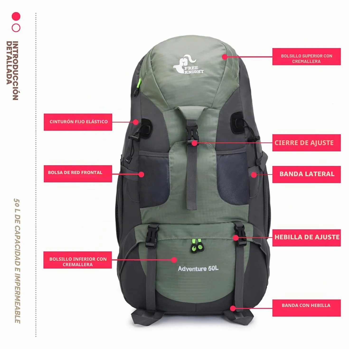 Mochila de senderismo impermeable 50L Bseash para viaje y camping