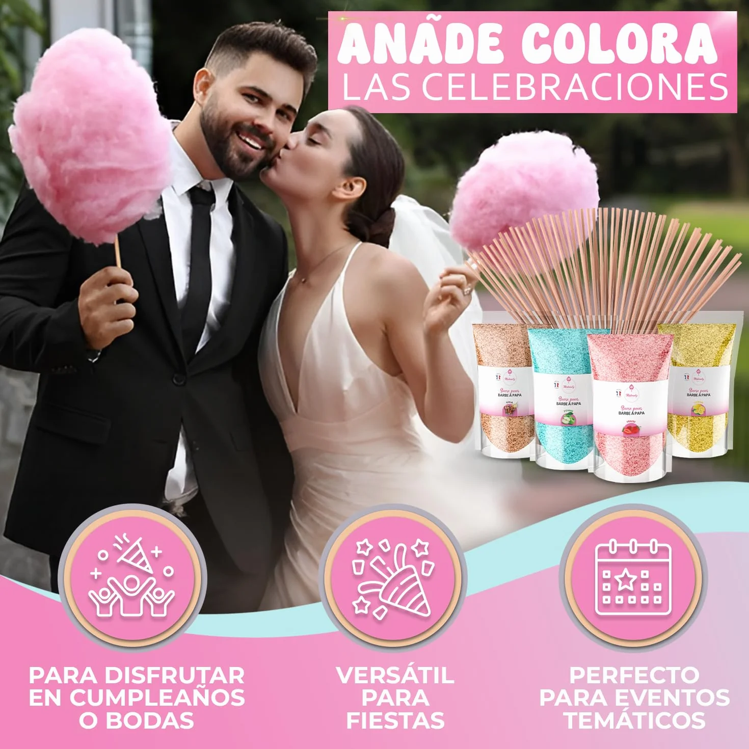 Misskandy® algodón de azúcar para máquina- Pack de 4 * 160Gr - (Sabores Naturales): Sabores: Fresa/Manzana/Cola/Limón + 50 palitos (gratis)