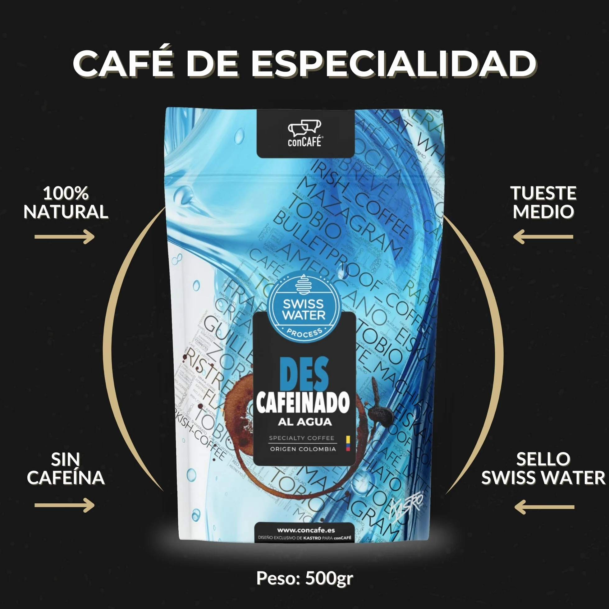 conCAFÉ - Café en grano Descafeinado al agua sin químicos y certificado por Swiss Water | Colombia | 100% Arábica | Specialty Coffee +80 puntos | Tueste Natural y Artesanal | Paquete 500g
