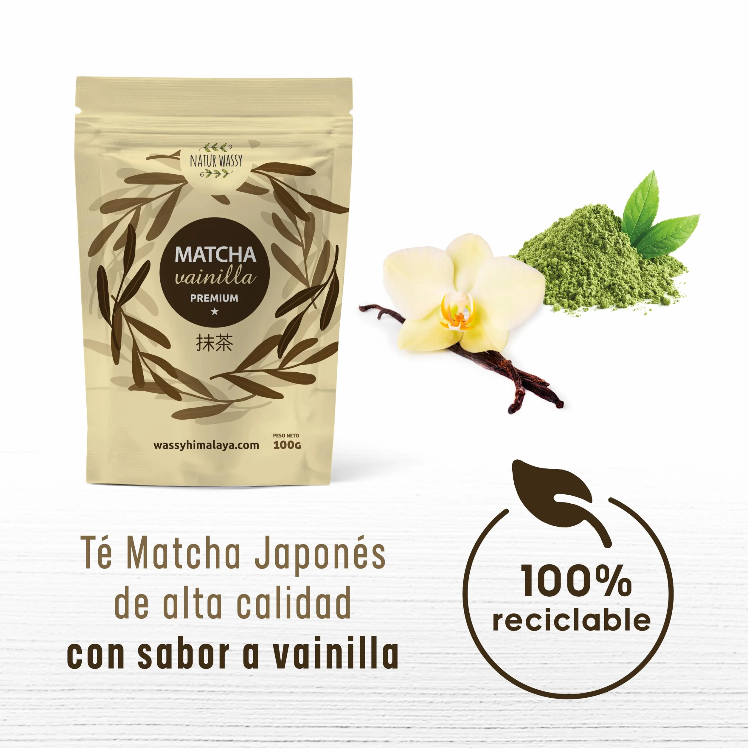 NATUR WASSY Te Matcha VAINILLA, Grado PREMIUM, En Polvo. 100% Natural. 100Gr De Te Verde Matcha Sabor a Vainilla, Potente Detox Y Antioxidante. 100 Dosis