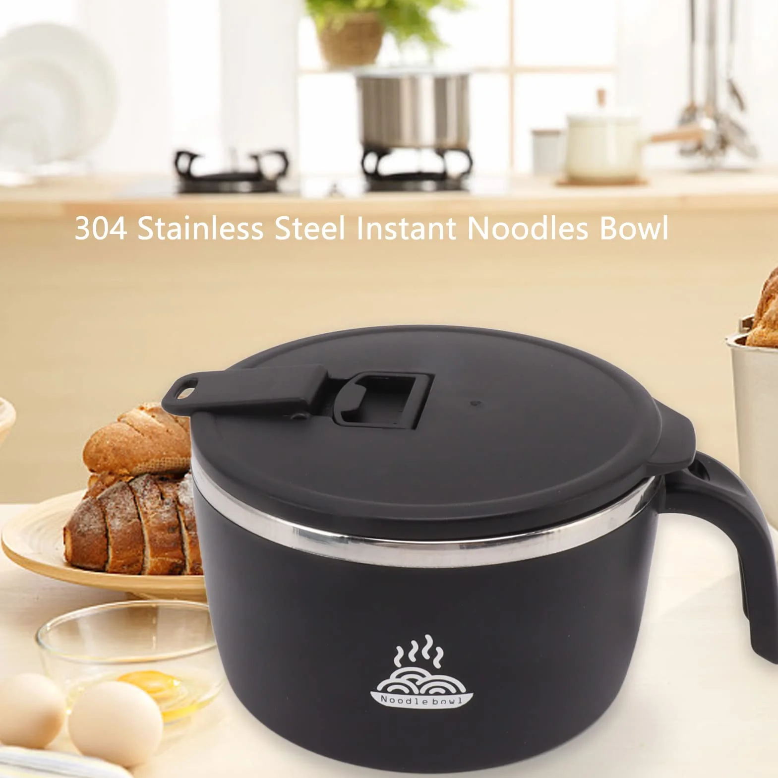 gernie Tazón de Fideos Instantáneos, Tazón de Ramen Instantáneo de Acero Inoxidable de 900 Ml con Tapa y Soporte para Teléfono Tazón de Sopa de Fideos Instantáneos, Cocina de Fideos