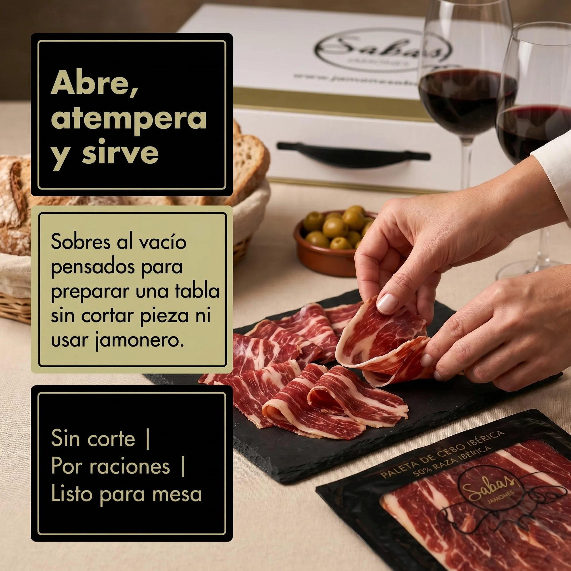 SABE A SABAS Cesta Paleta Gran Reserva Duroc 50% Cortada a Cuchillo 10 Sobres 100g con 2 Taquitos 100g Estuche Gourmet Regalo Jamon Curado Loncheado Tabla Aperitivo Navidad Evento Familiar