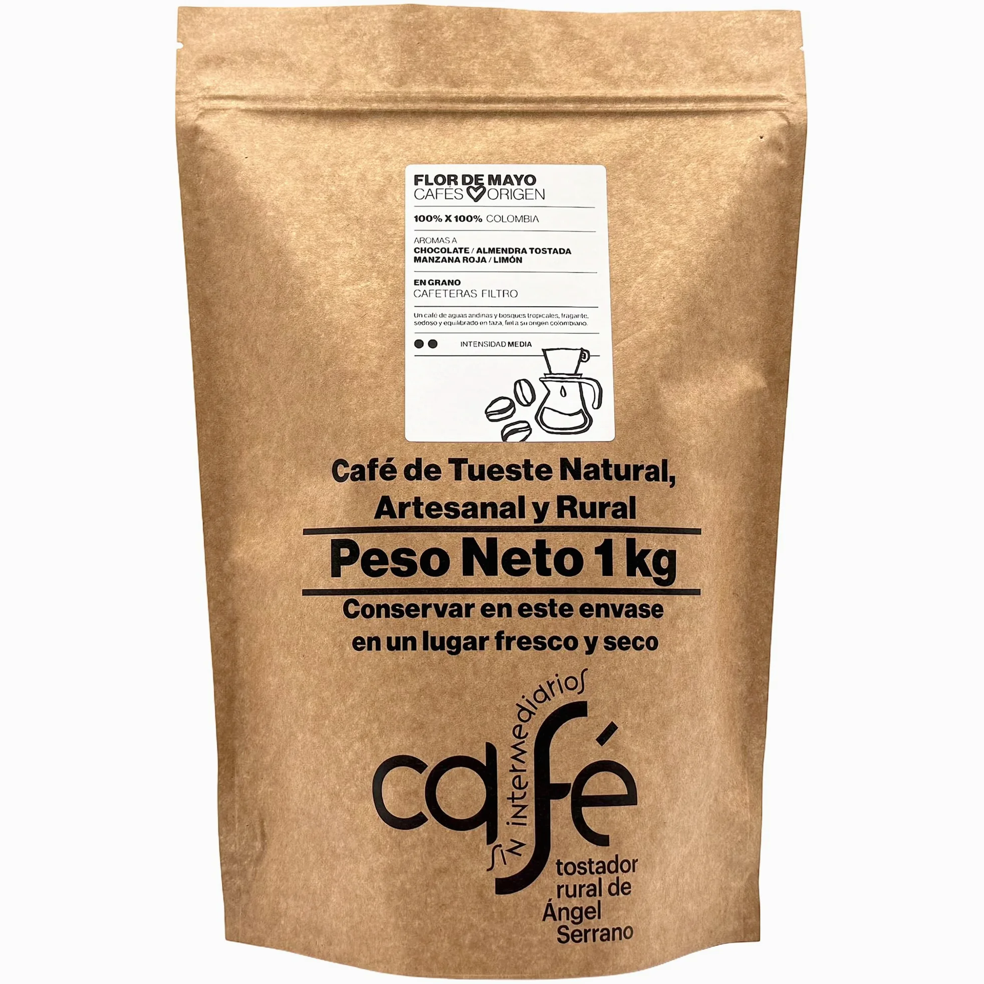 CAFÉ SIN INTERMEDIARIOS - 100% Colombia - Flor de Mayo - Ideal para tomar solo - Intensidad de sabor Media - Recién tostado y envasado - 1 kg MOLIDO para cafeteras Exprés