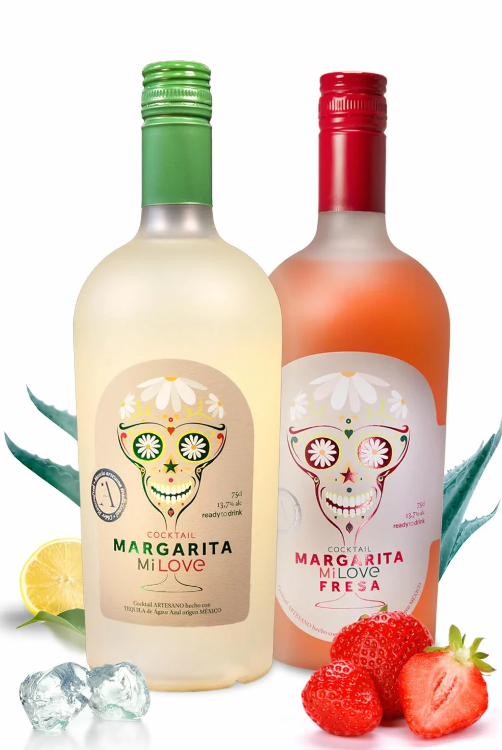 MiLove Margarita Clásico y Fresa – Cóctel Premium, artesano y natural – Pack 2 botellas elaborado con Tequila de Agave Azul (México), limón, fresa y licor triple seco – 2x75 cl.