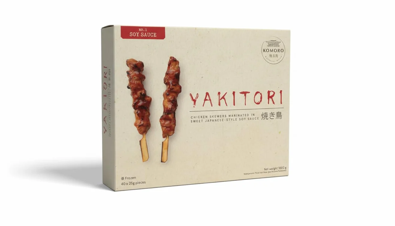 Komoro Oriental Bites Yakitori de Pollo Marinado en Salsa de Soja Dulce Estilo Japonés, 40 Brochetas 25g (1kg), Envío Refrigerado, Halal