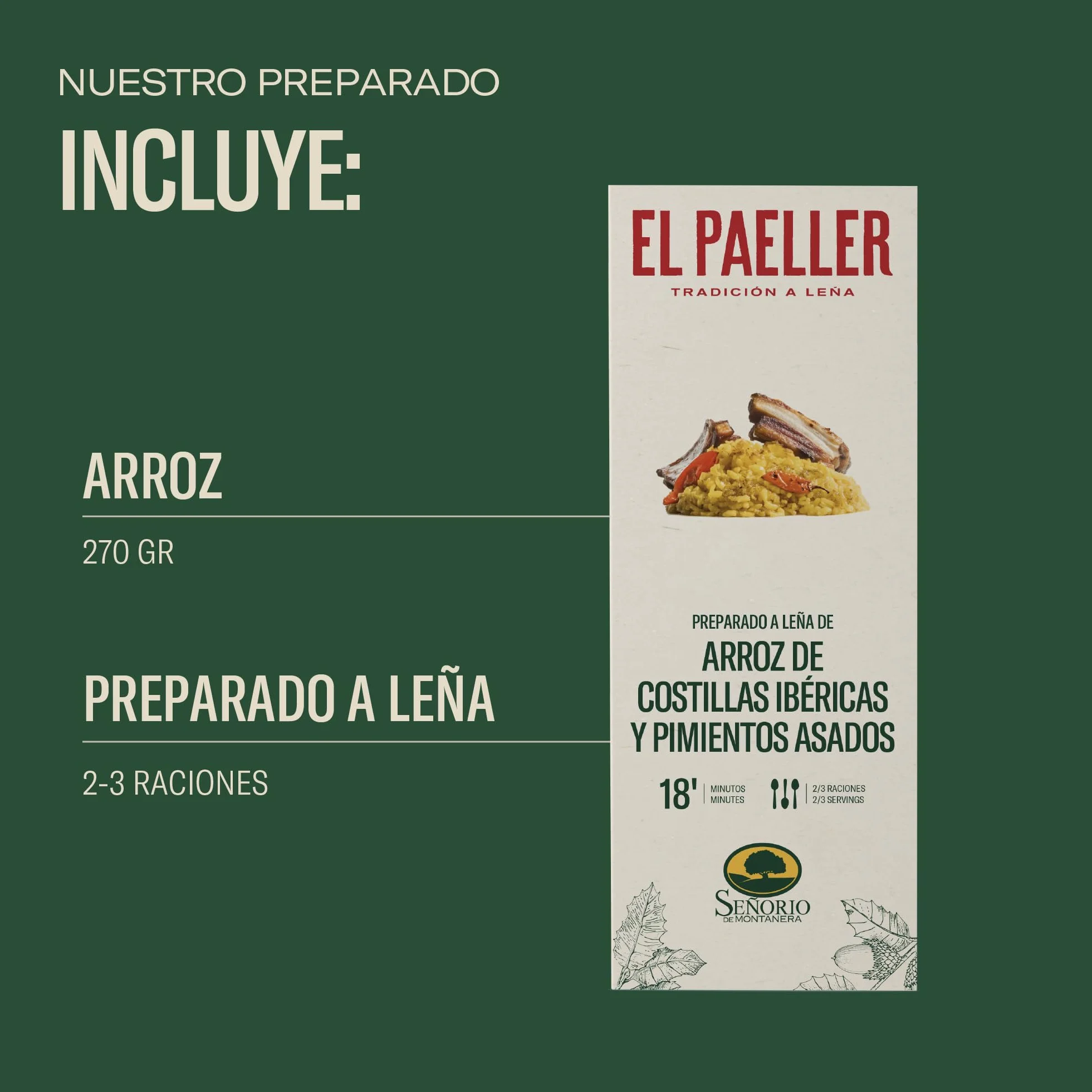 EL PAELLER - Preparado Arroz de Costillas Ibericas y Pimientos Asados - Cocinado Artesanalmente a Leña - Ingredientes 100% Naturales - Para 2/3 Personas - Fácil de Preparar en Tan Solo 18 Minutos