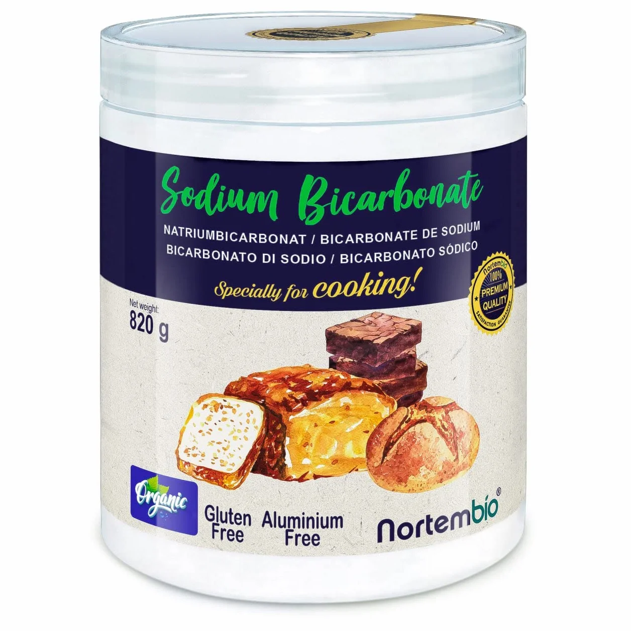 Nortembio Bicarbonato de Sodio E500(ii) 820 g - Aditivo Alimentario para Cocina y Repostería, Calidad Gourmet, Alta Pureza 100% Natural + eBook GRATIS