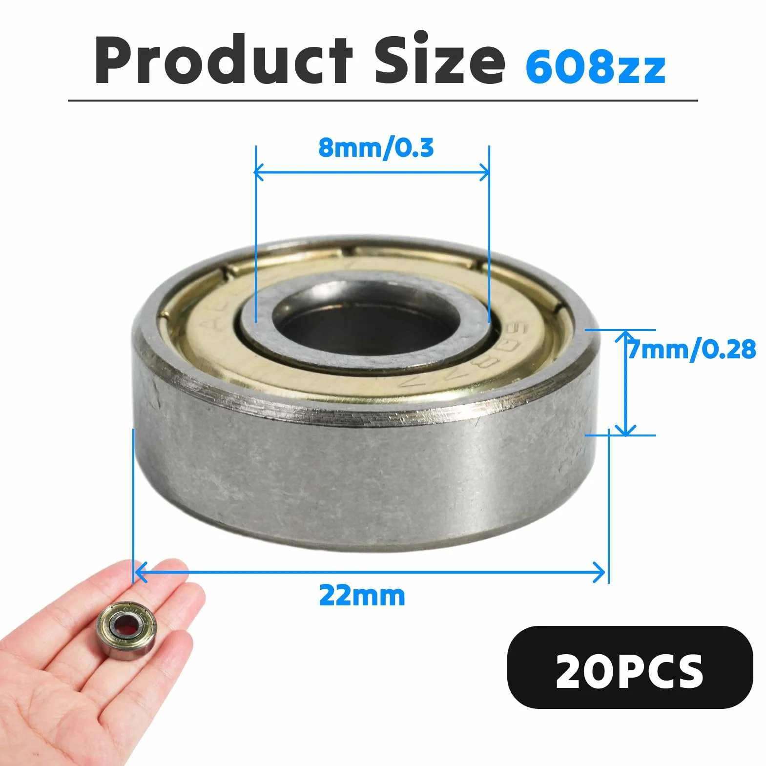 Rodamientos 608zz 20 Piezas para Skateboards Roller Patines Longboard 8x22x7mm Doble Blindaje Metal