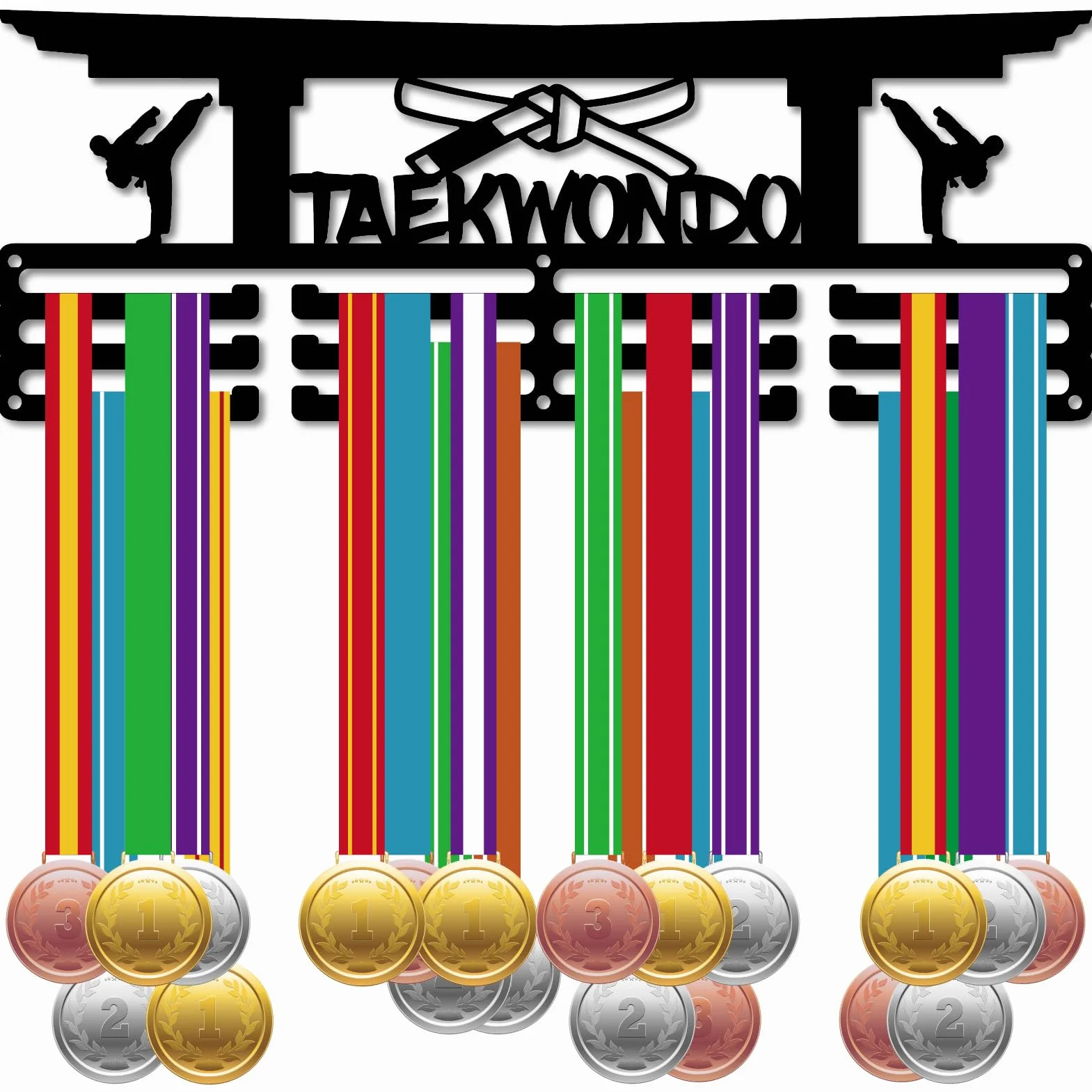 CREATCABIN Taekwondo Medal Holder Wall Mounted Display 3 Lines Black 29x13cm