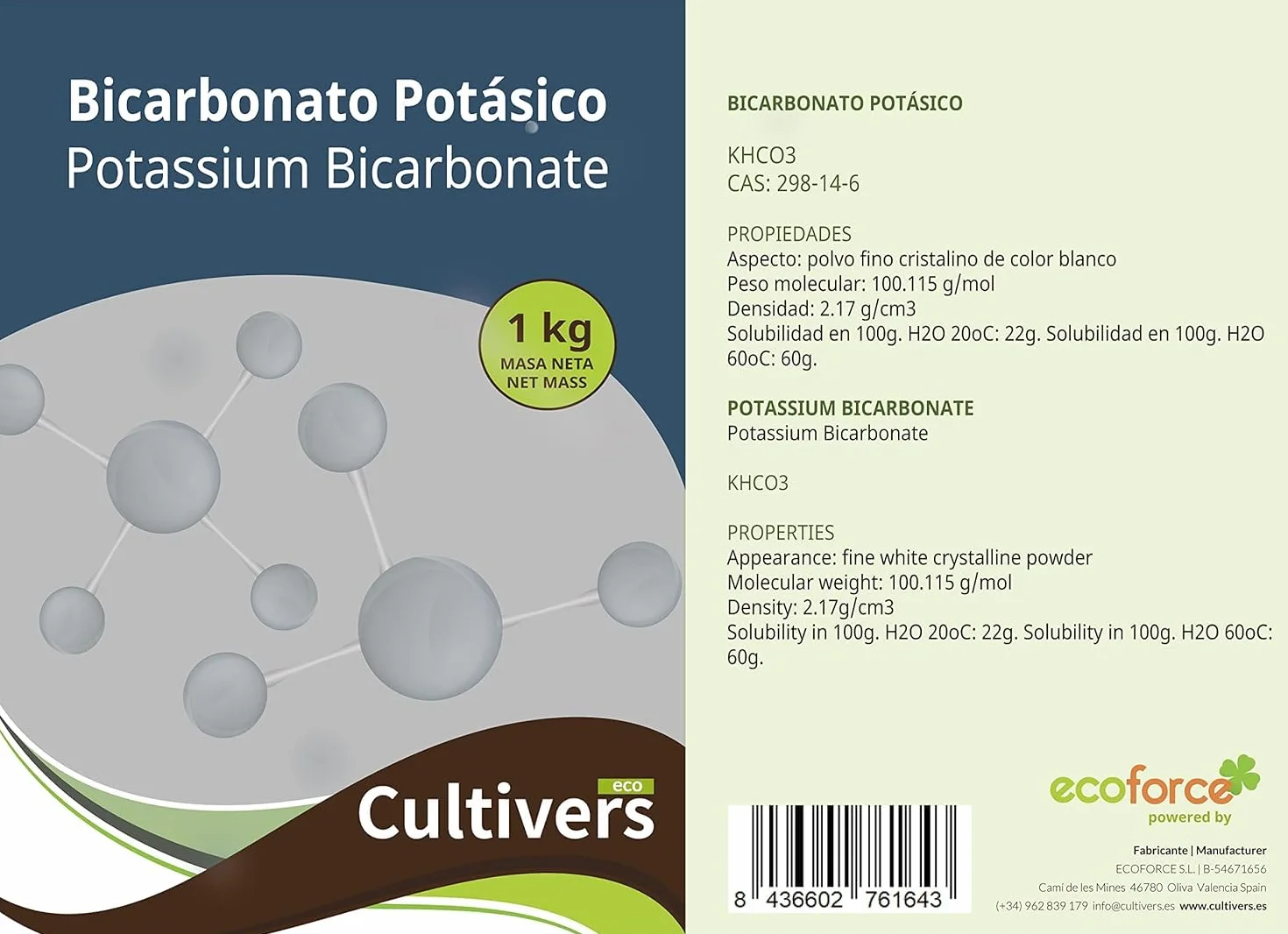 CULTIVERS Bicarbonato de Potasio 2x1 kg Polvo Soluble Jardinería Agricultura