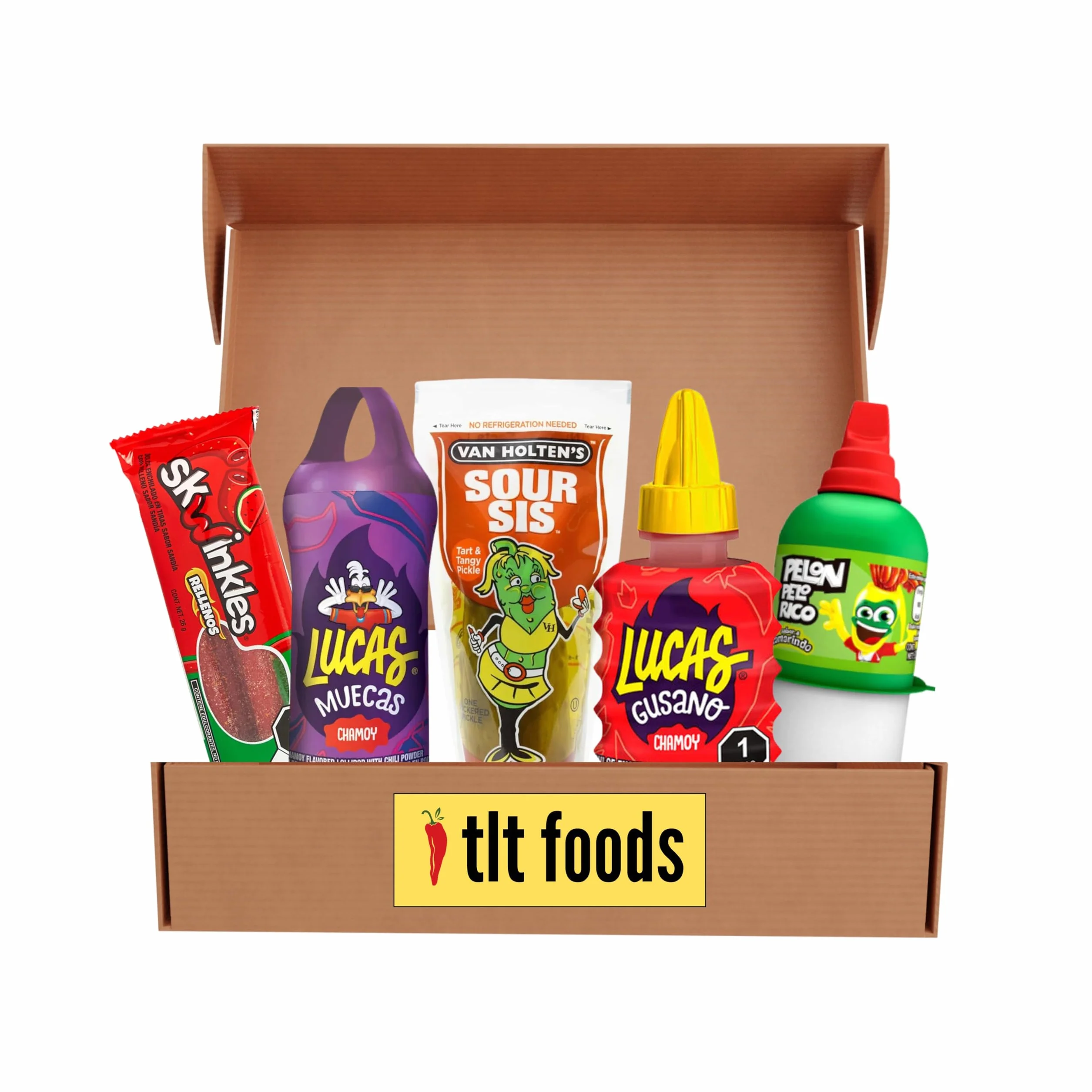 TLT FOODS Lote Snacks Mexicanos - Pepinillo encurtido, golosinas y dulces picantes enchilados - Mix Surtido para regalar, Caramelos, Candy Box, Chamoy, Tamarindo, Tajin (S)